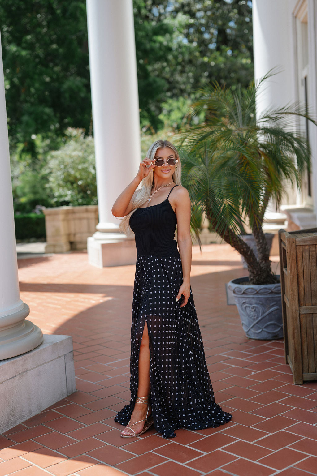 Open Back Polka Dot Maxi Dress-Black