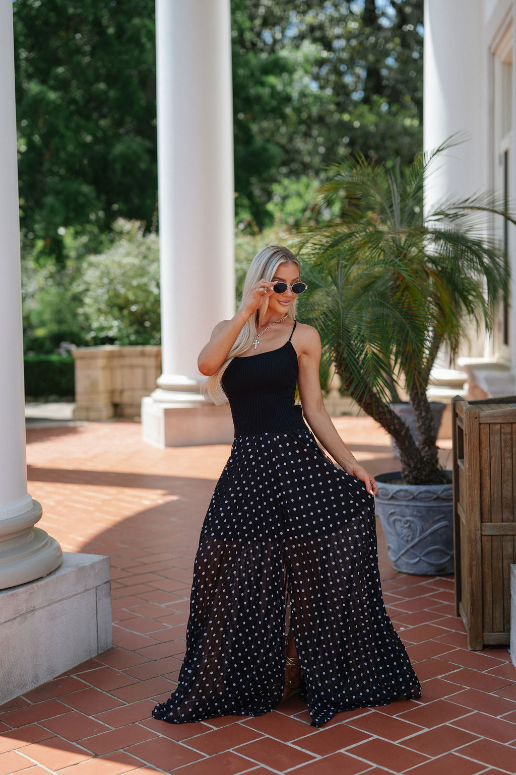 Open Back Polka Dot Maxi Dress-Black