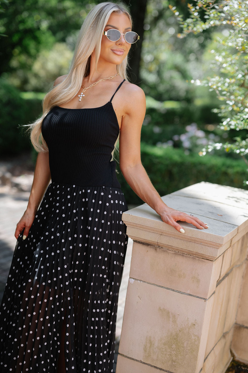 Open Back Polka Dot Maxi Dress-Black