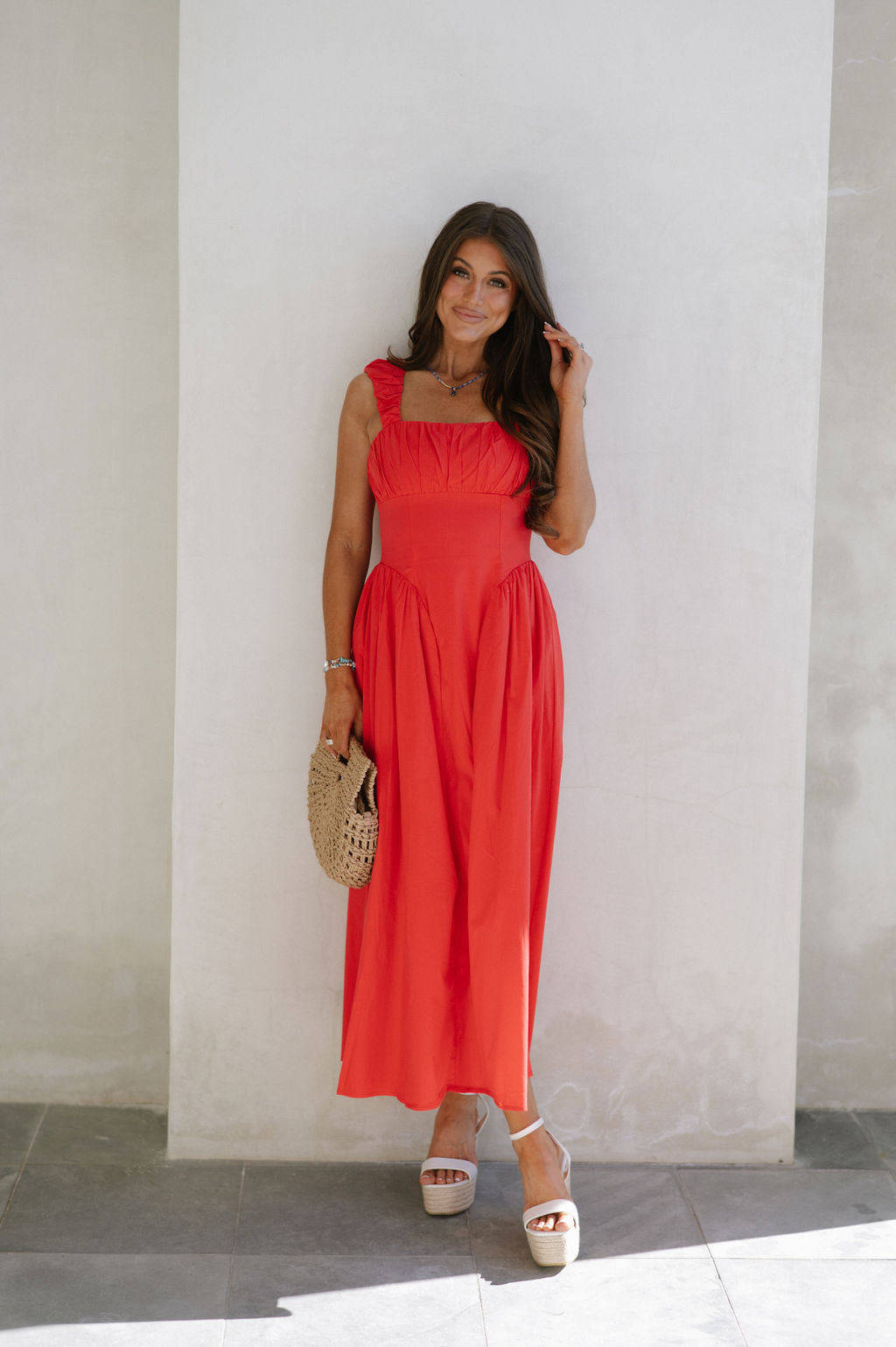 Square Neck Ruched Dress-Red