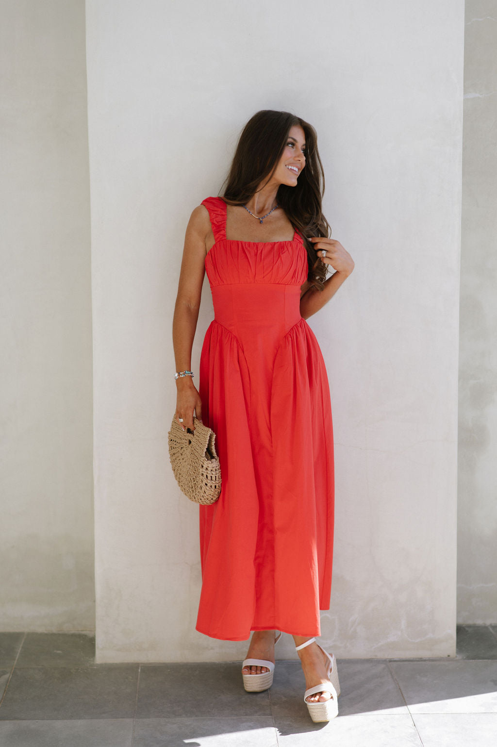 Square Neck Ruched Dress-Red