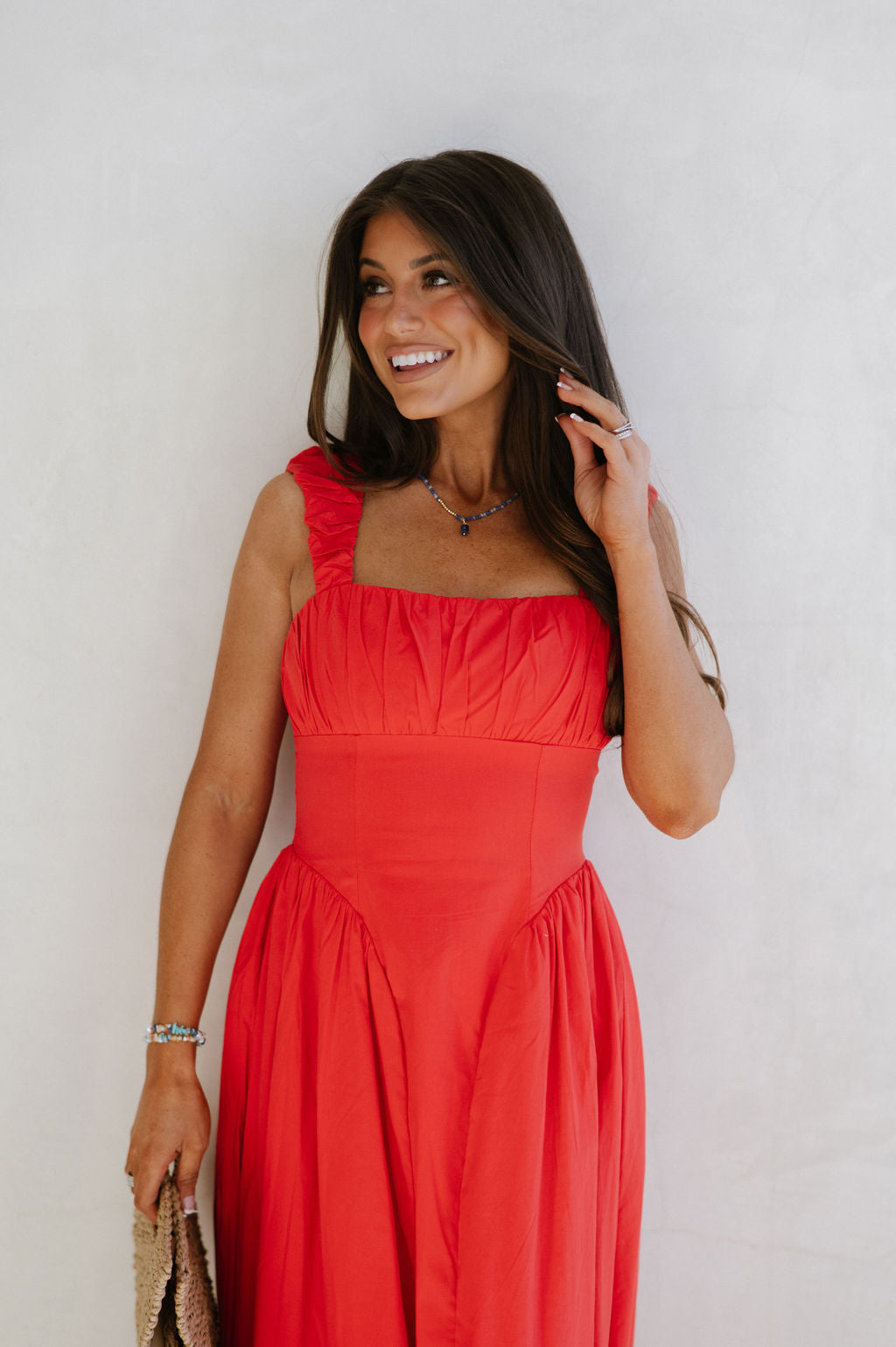 Square Neck Ruched Dress-Red