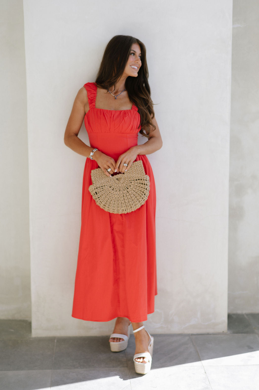 Square Neck Ruched Dress-Red