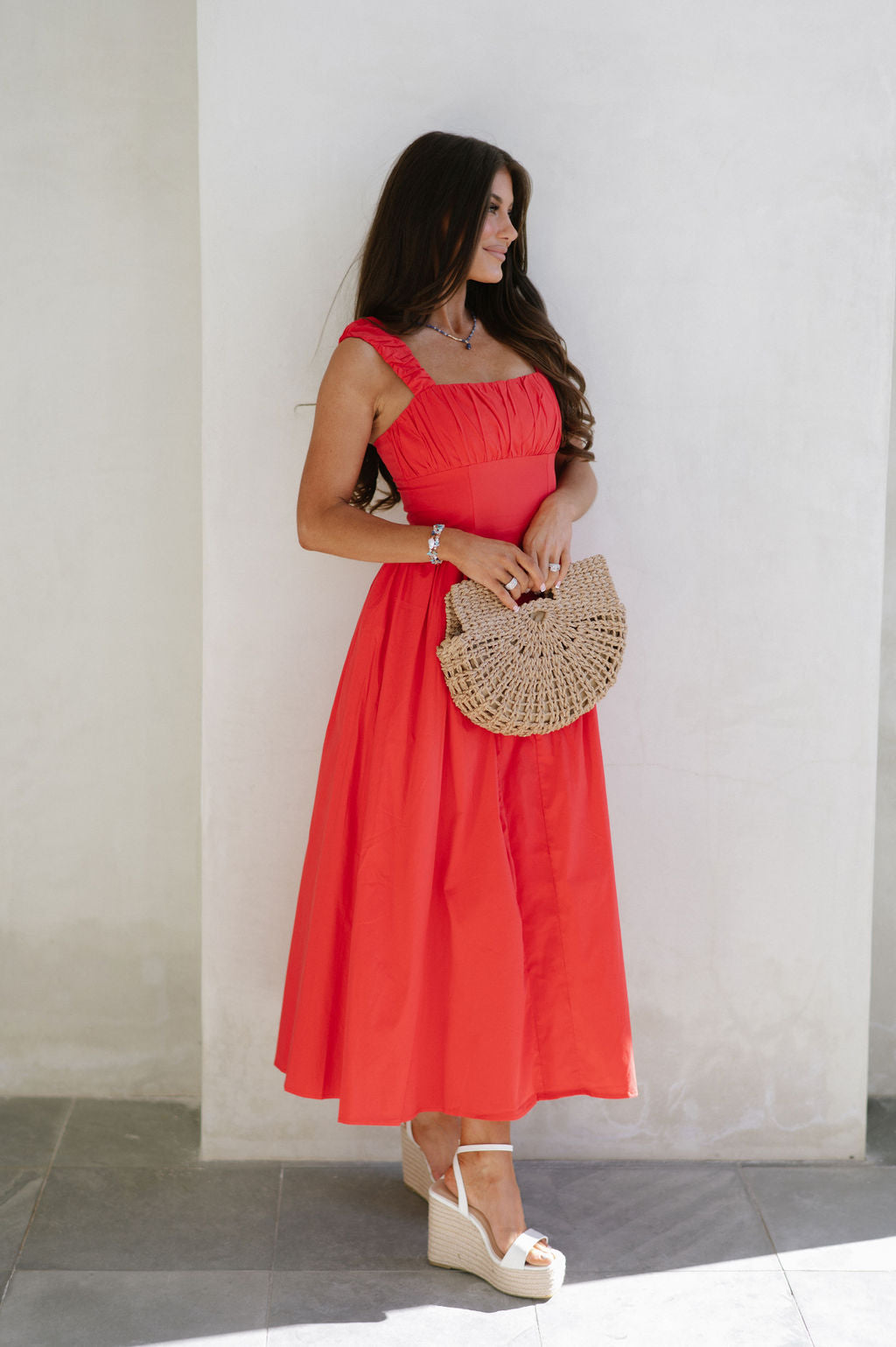 Square Neck Ruched Dress-Red