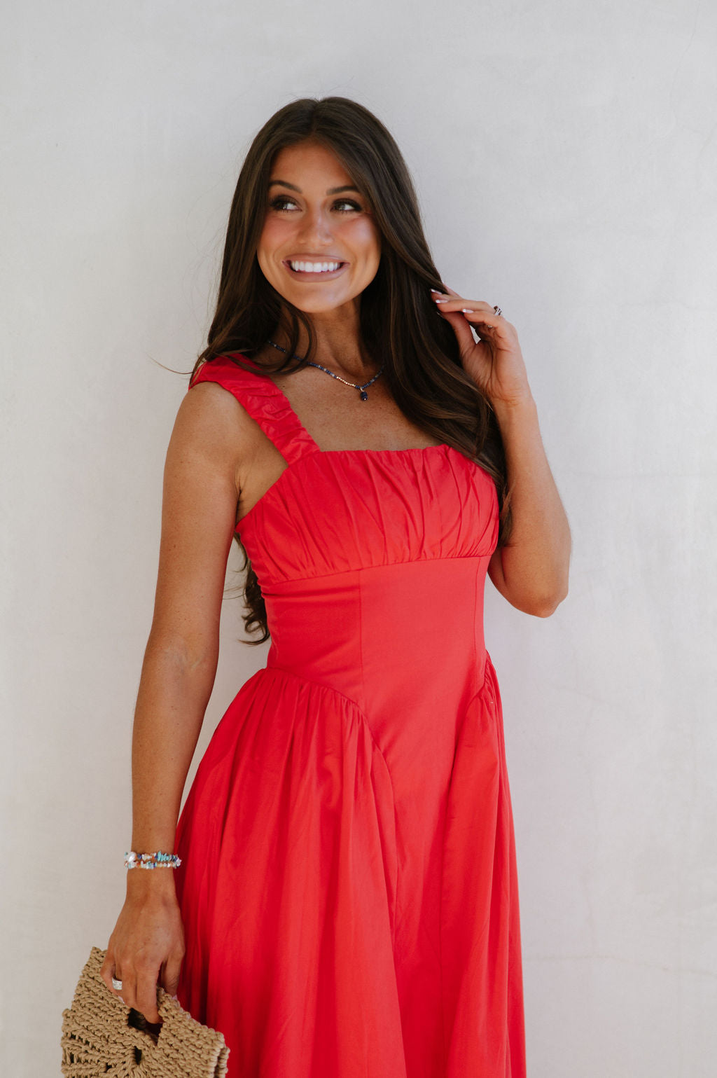 Square Neck Ruched Dress-Red
