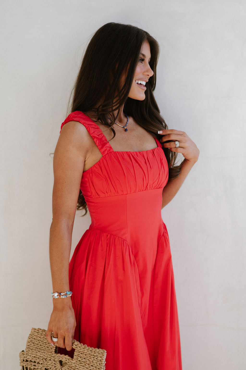 Square Neck Ruched Dress-Red
