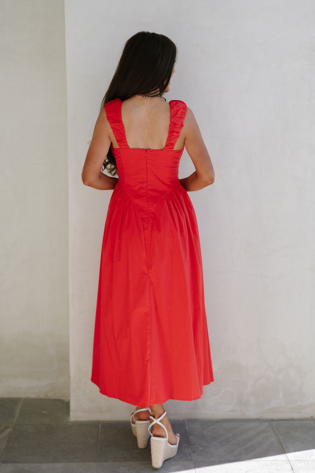 Square Neck Ruched Dress-Red