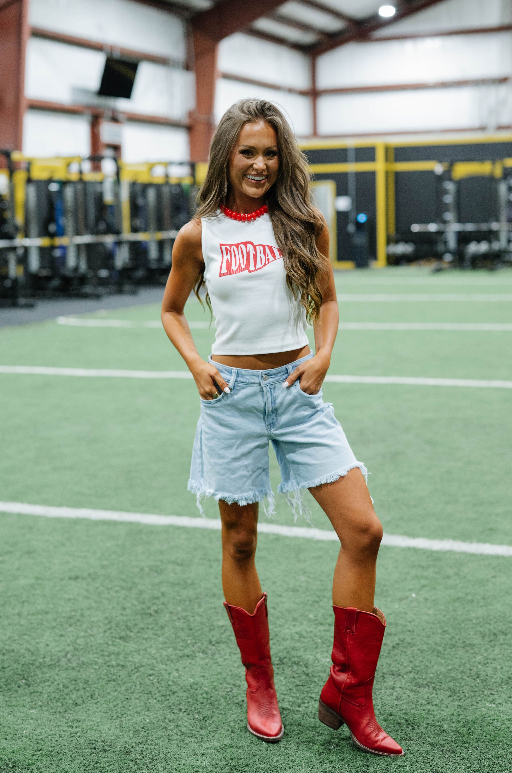 Sleeveless Round Neck Football Tank Top-White/Red