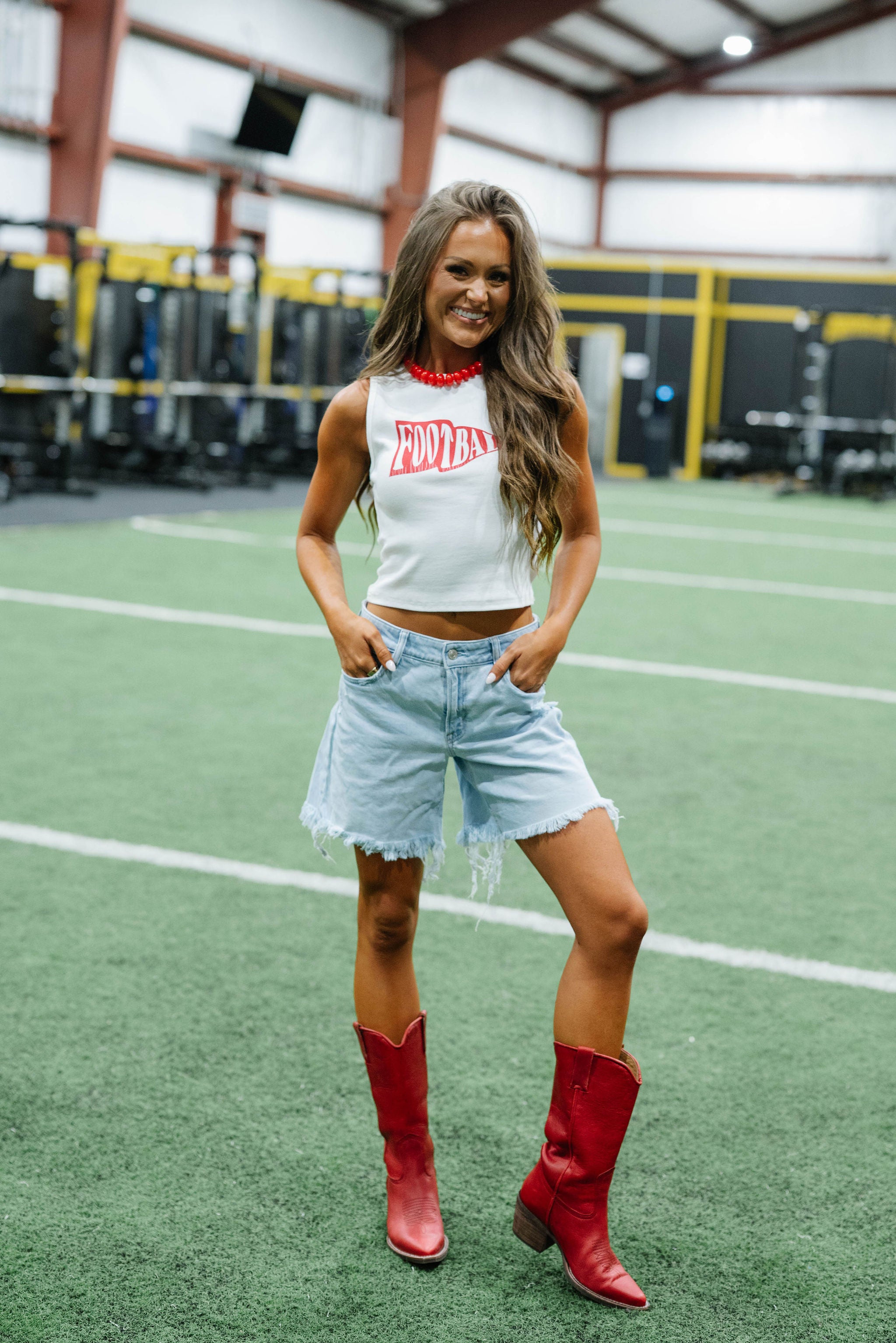 Sleeveless Round Neck Football Tank Top-White/Red
