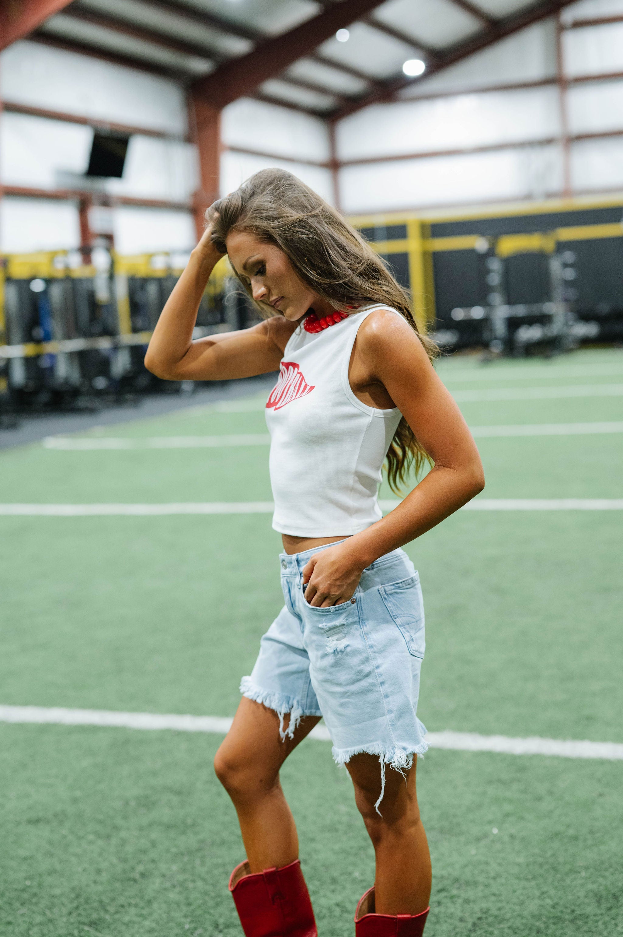 Sleeveless Round Neck Football Tank Top-White/Red