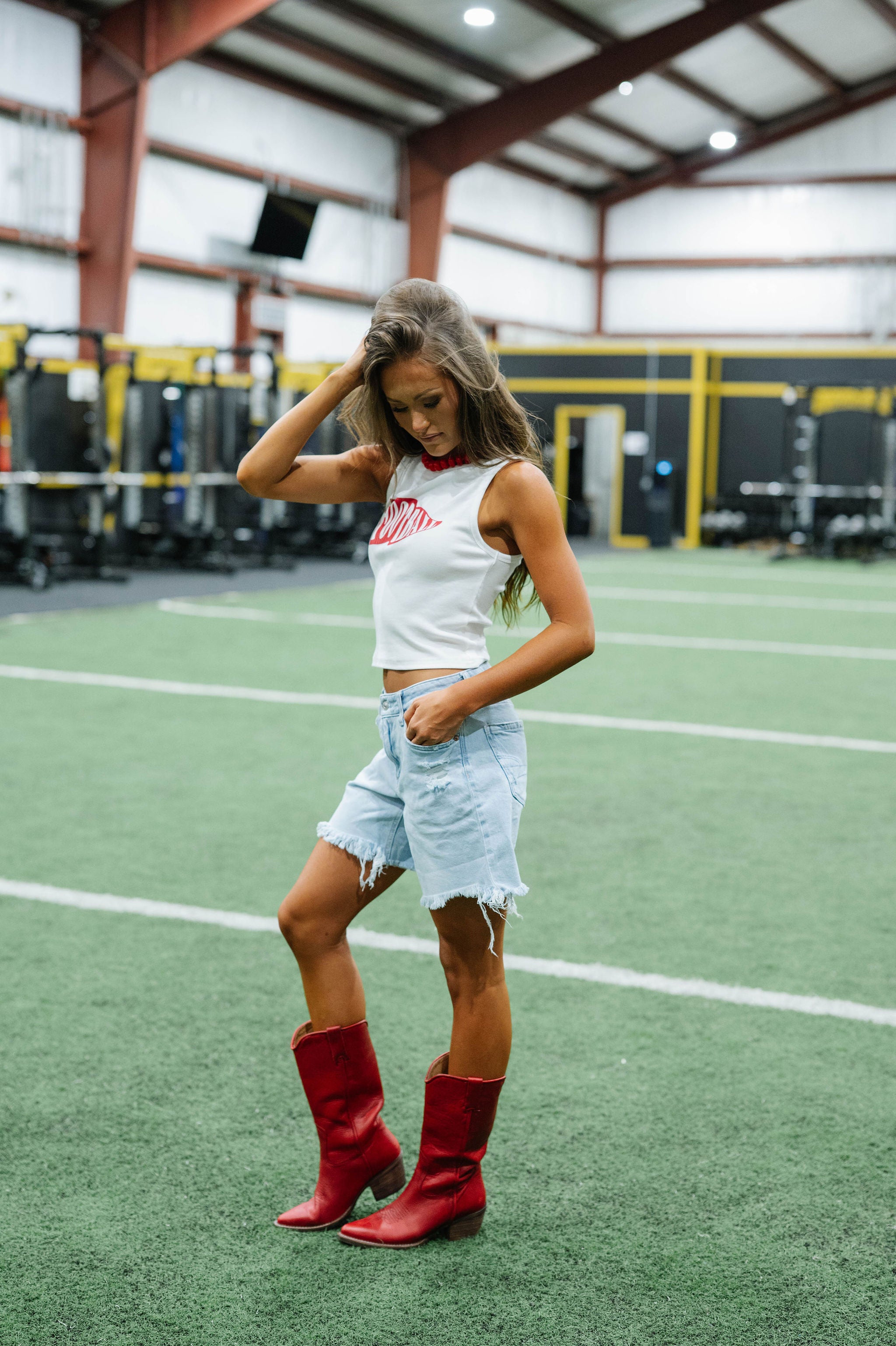 Sleeveless Round Neck Football Tank Top-White/Red