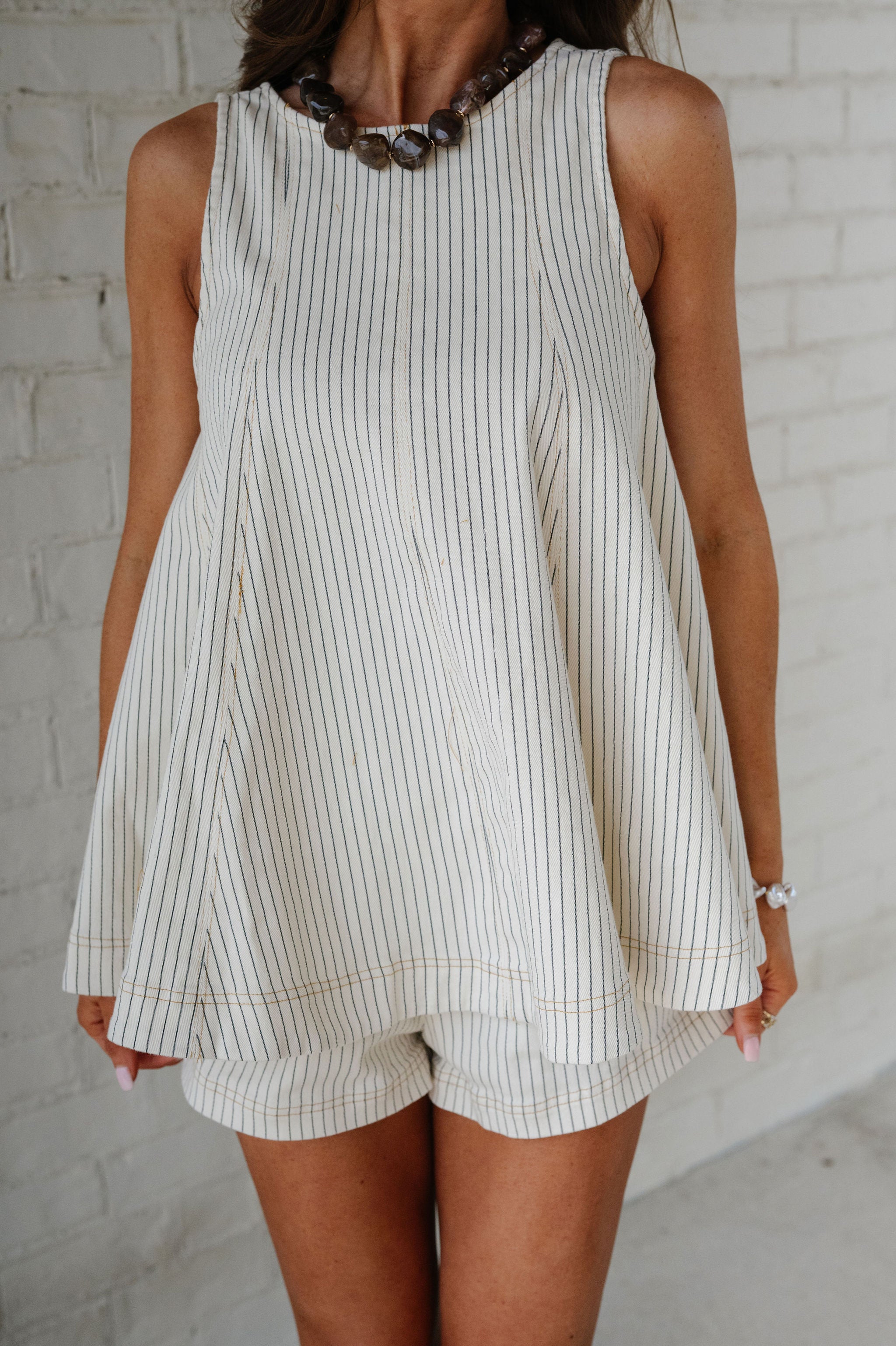 Hadley Striped Shorts Set-Cream