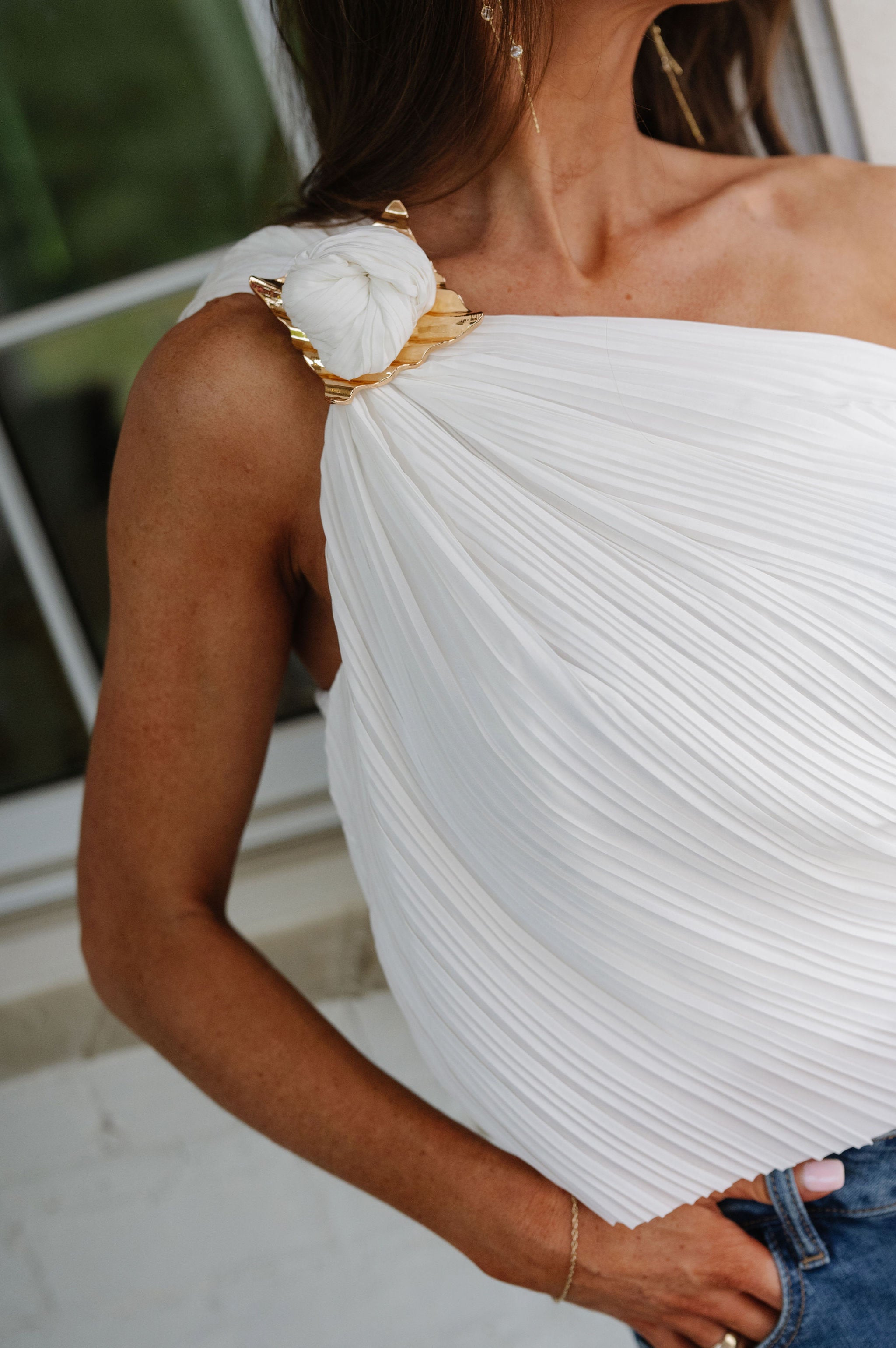 Gold Accent Plisse Top-White