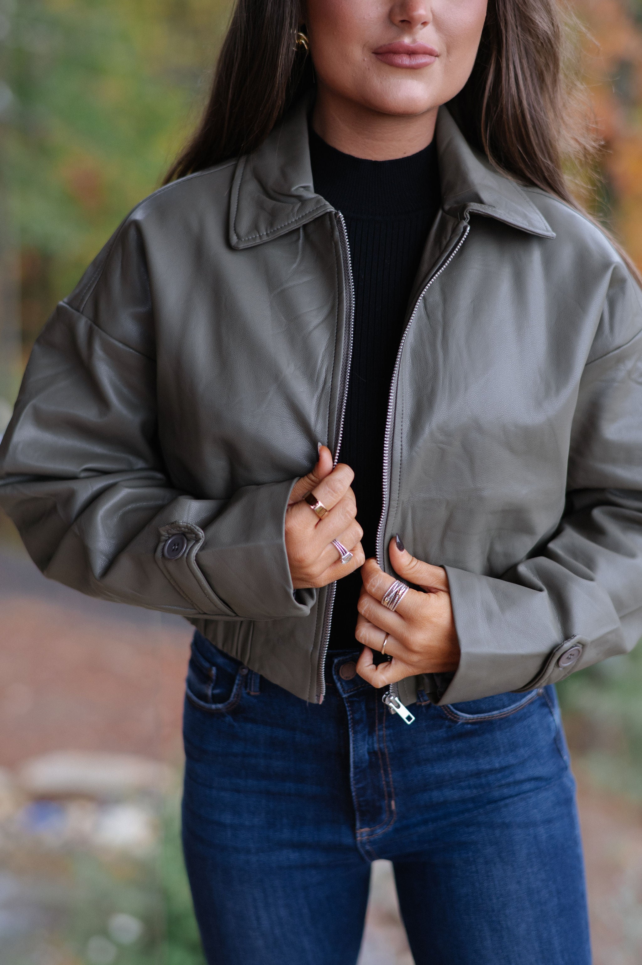 Annie Leather Jacket-Olive Grey