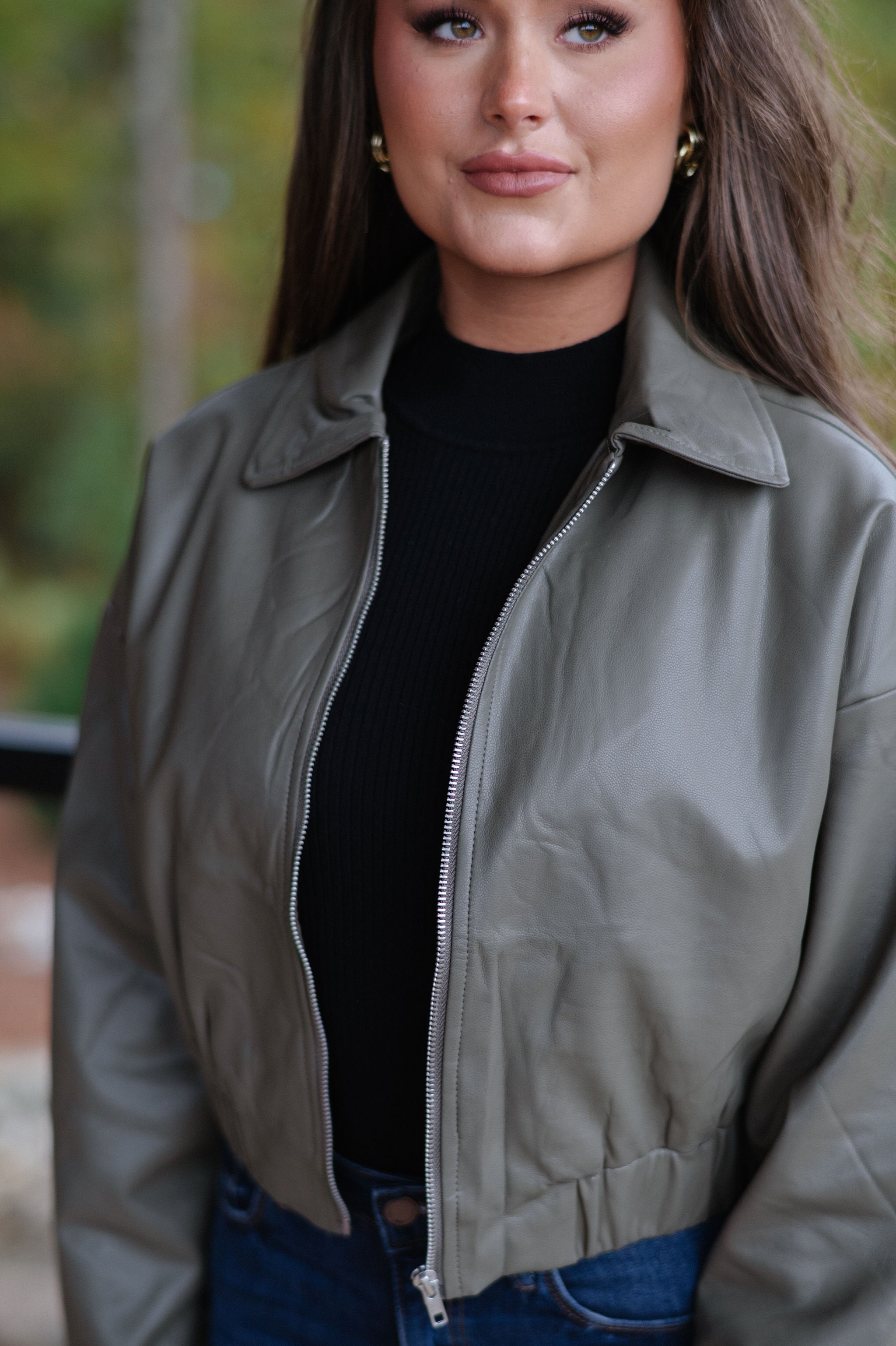 Annie Leather Jacket-Olive Grey