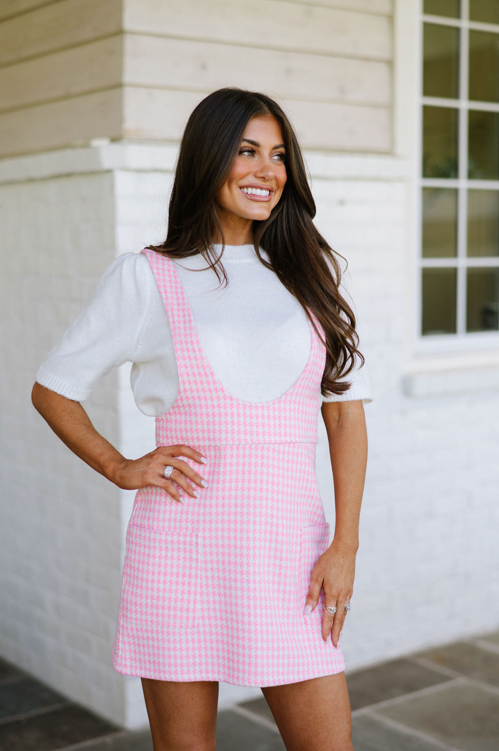 Houndstooth Scoop Neck Dress- Pink/White