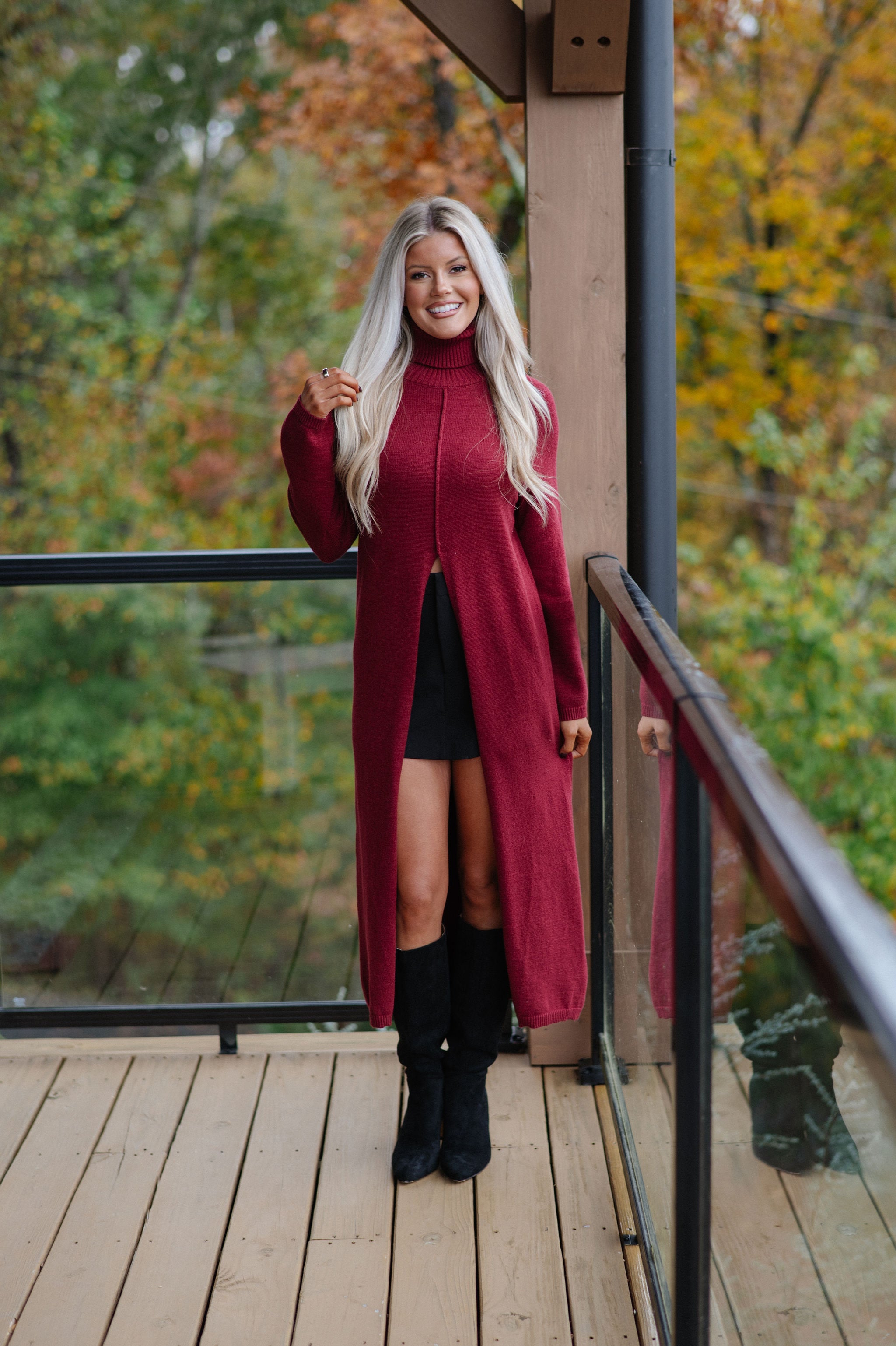 Split Hem Long Sweater-Burgundy