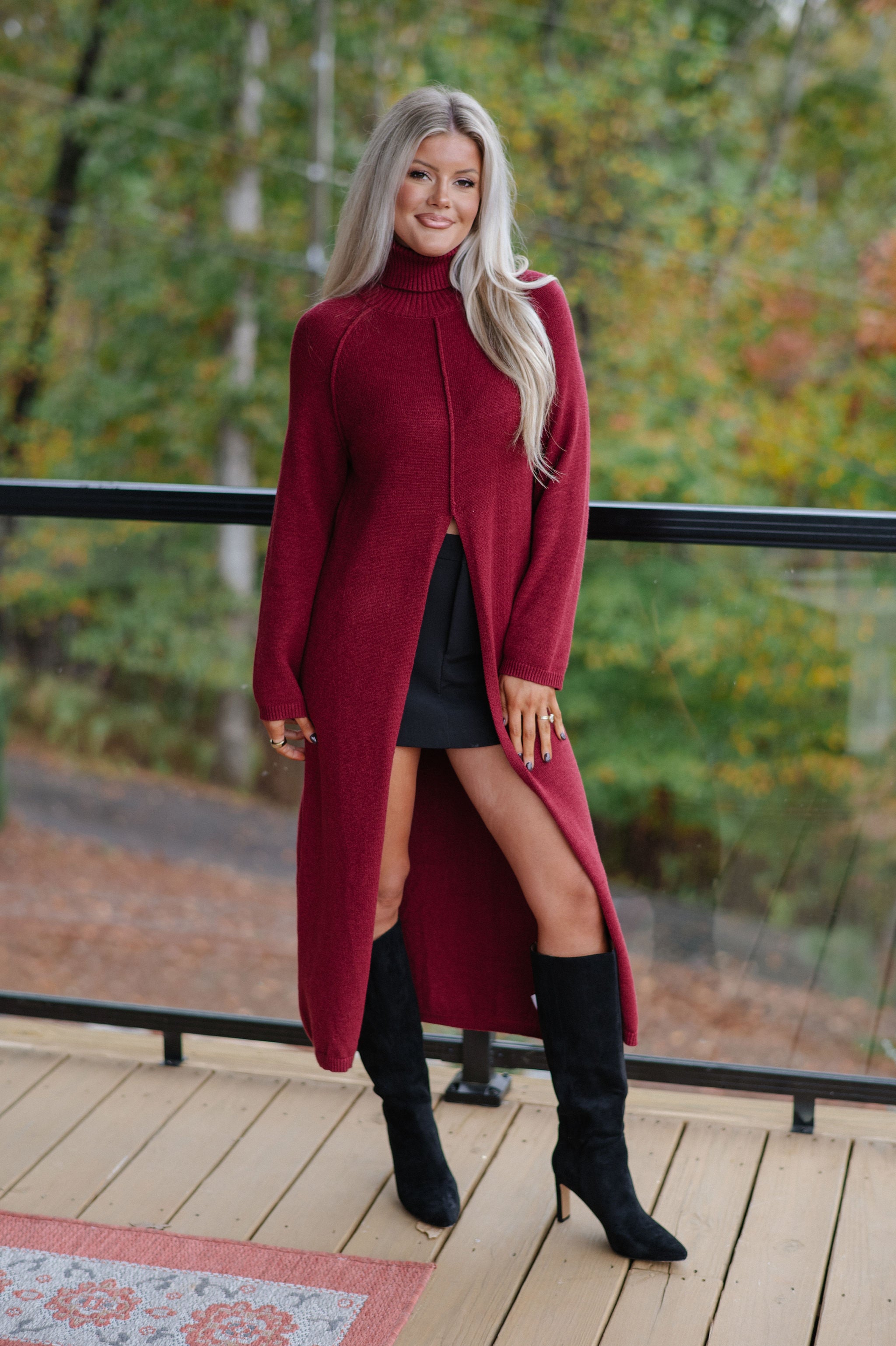 Split Hem Long Sweater-Burgundy