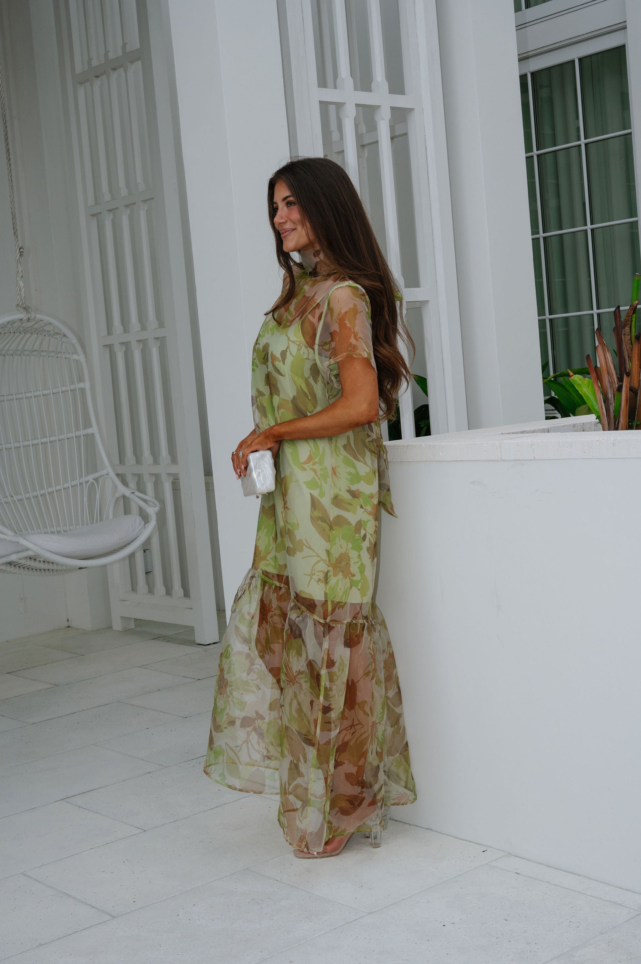 Josie Floral Organza Maxi Dress-Green Multi
