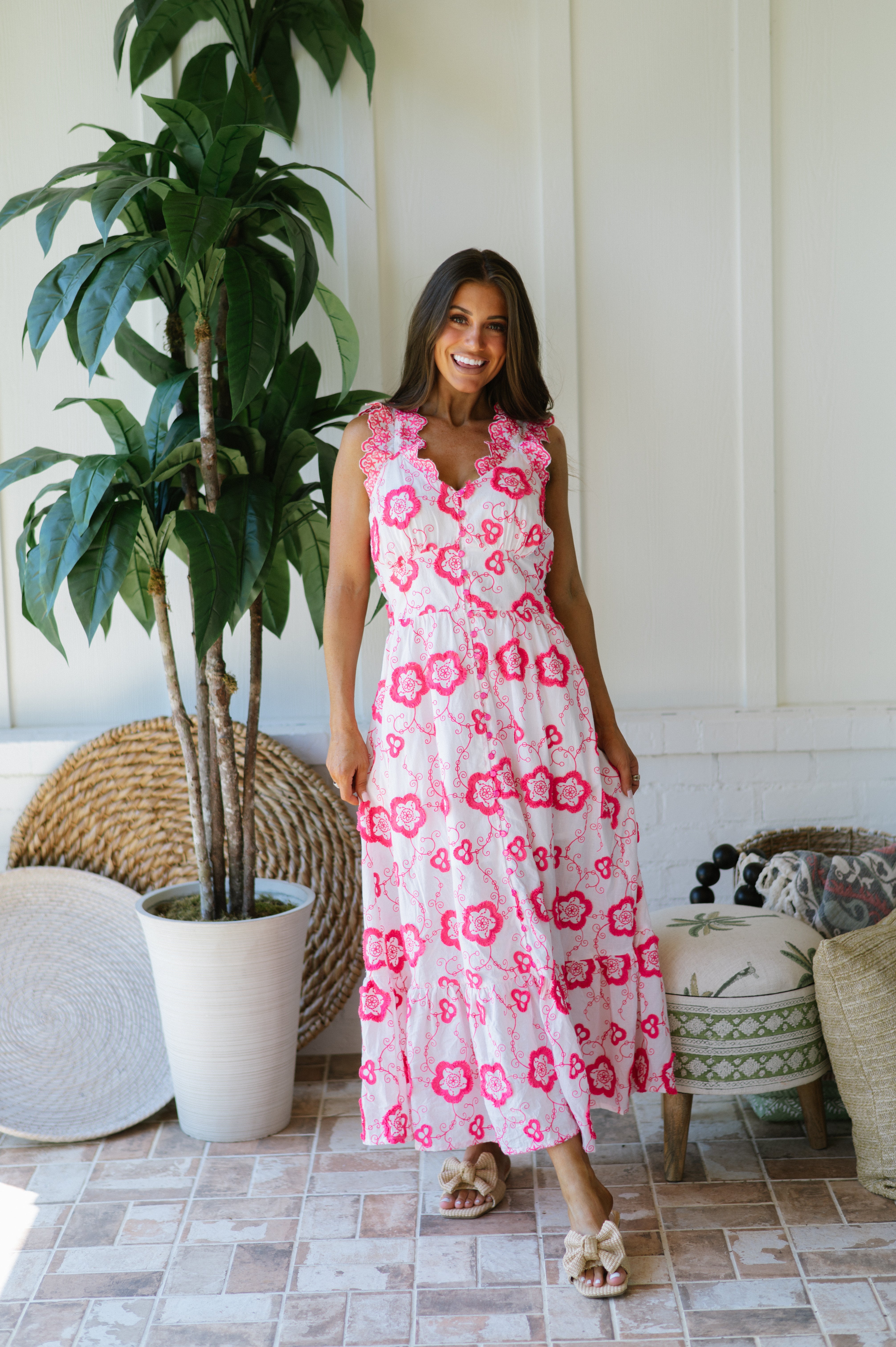 Malena Button Floral Midi Dress- Pink