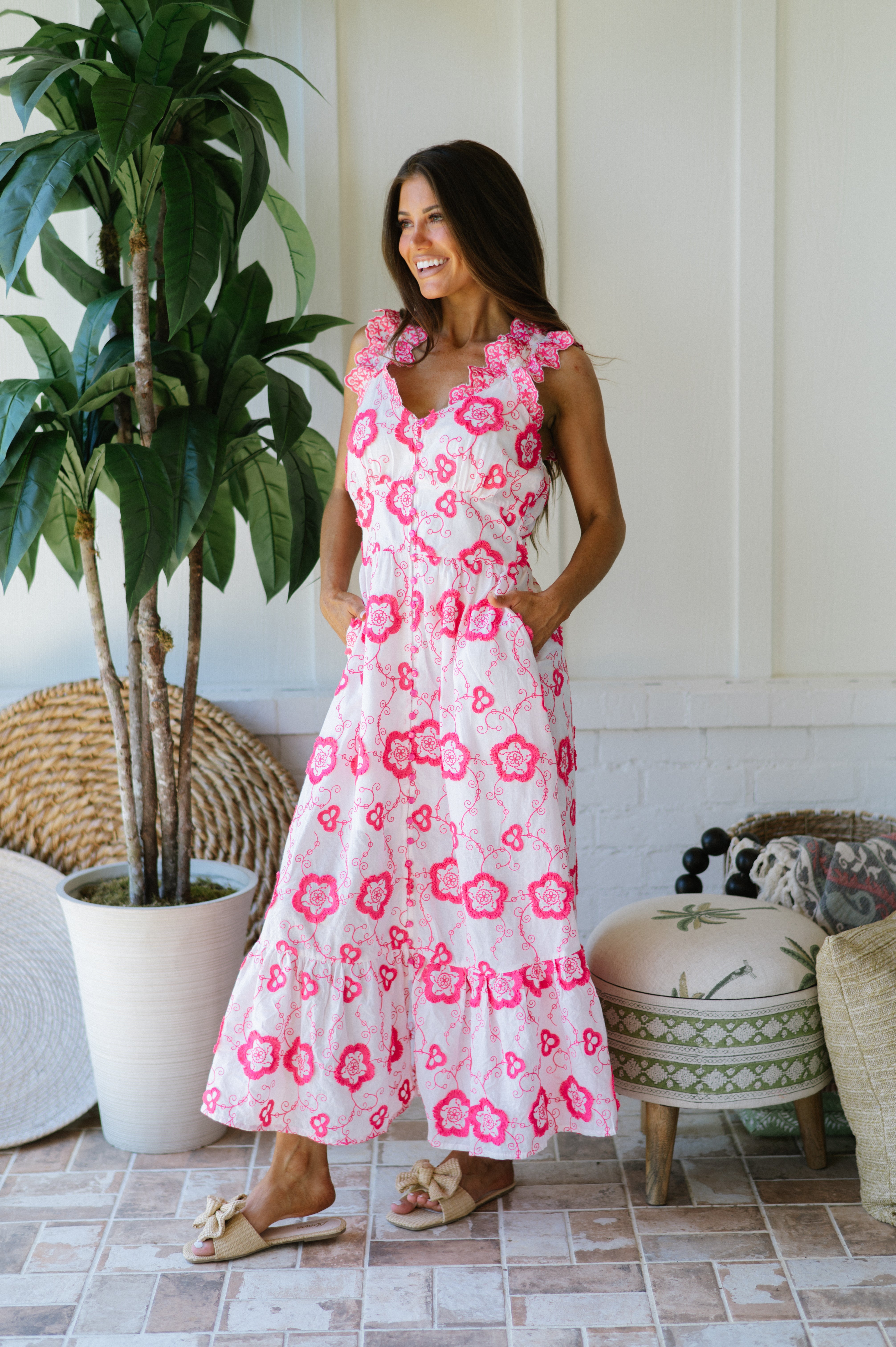 Malena Button Floral Midi Dress- Pink
