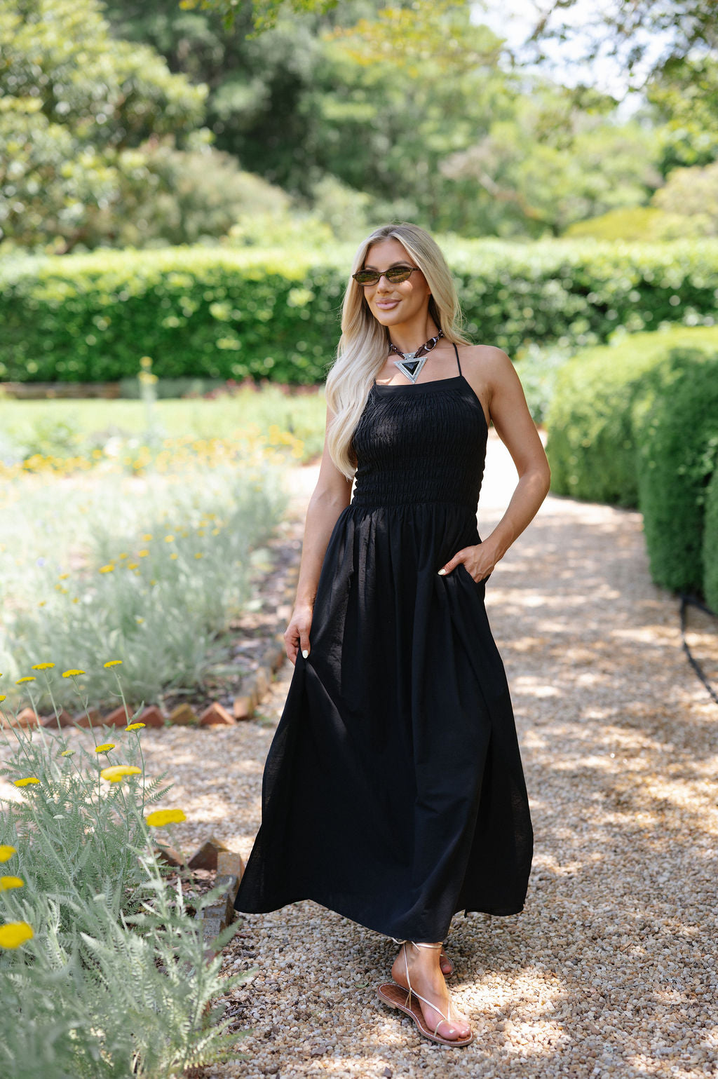 Smocked Apron Maxi Dress-Black