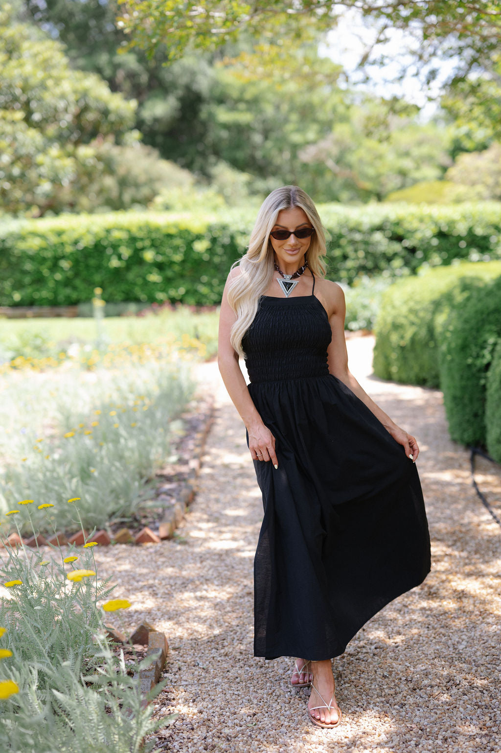 Smocked Apron Maxi Dress-Black