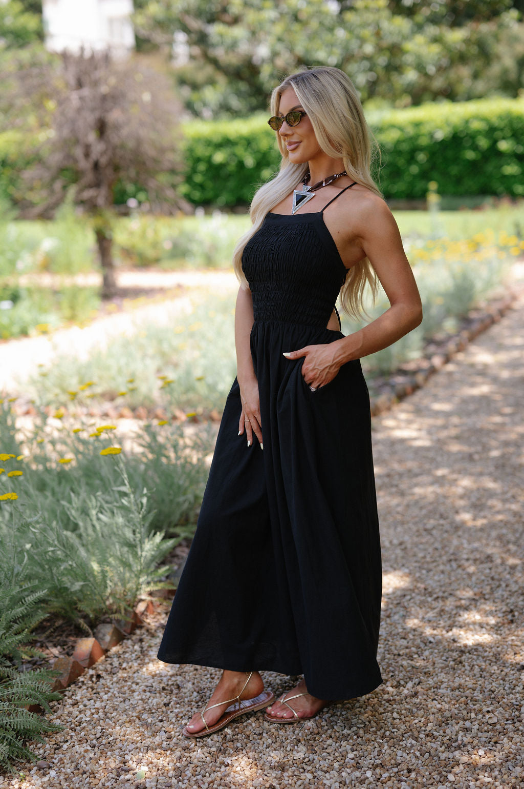 Smocked Apron Maxi Dress-Black