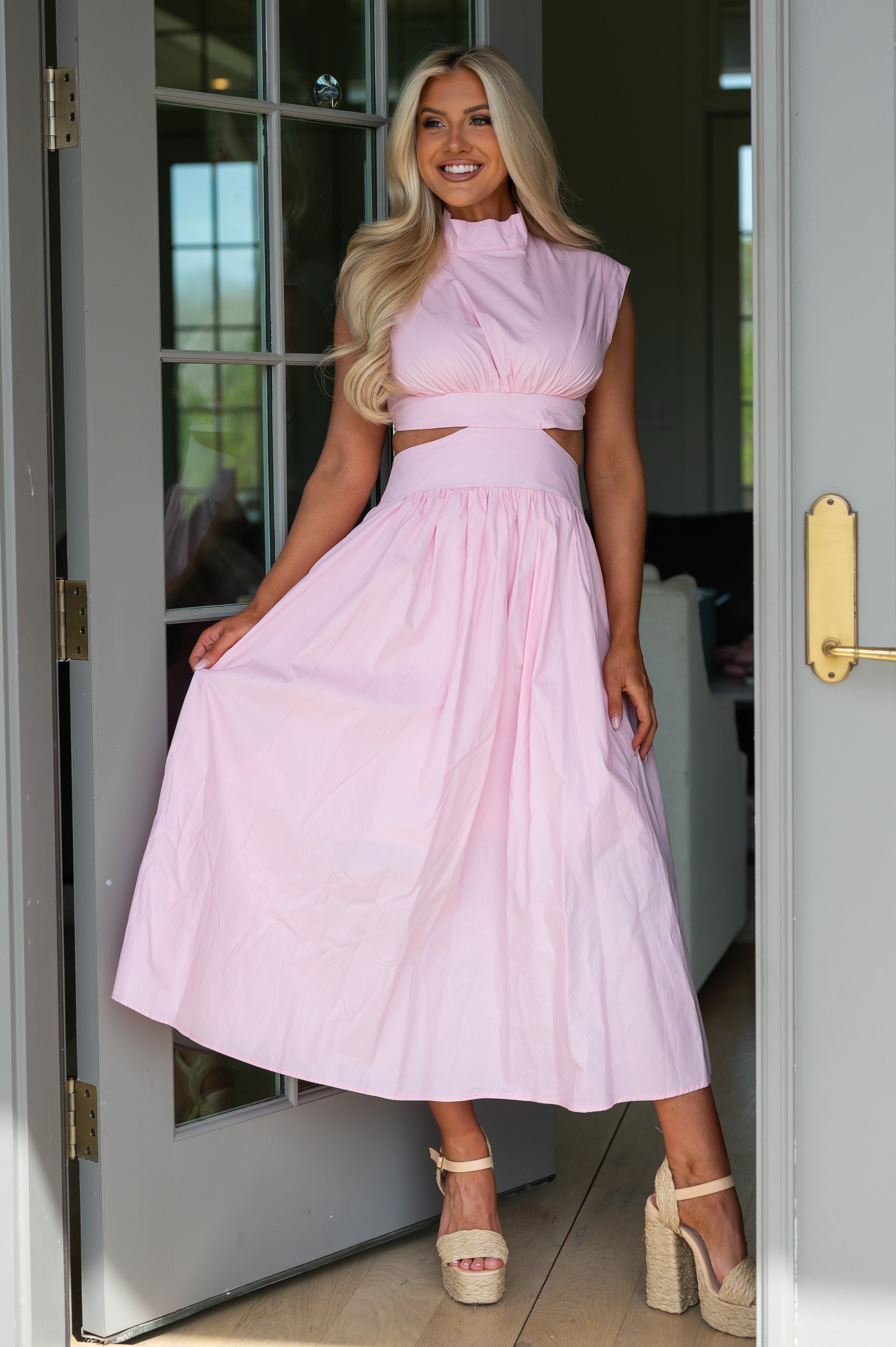 Waist Cut Out Midi Dress-Pink