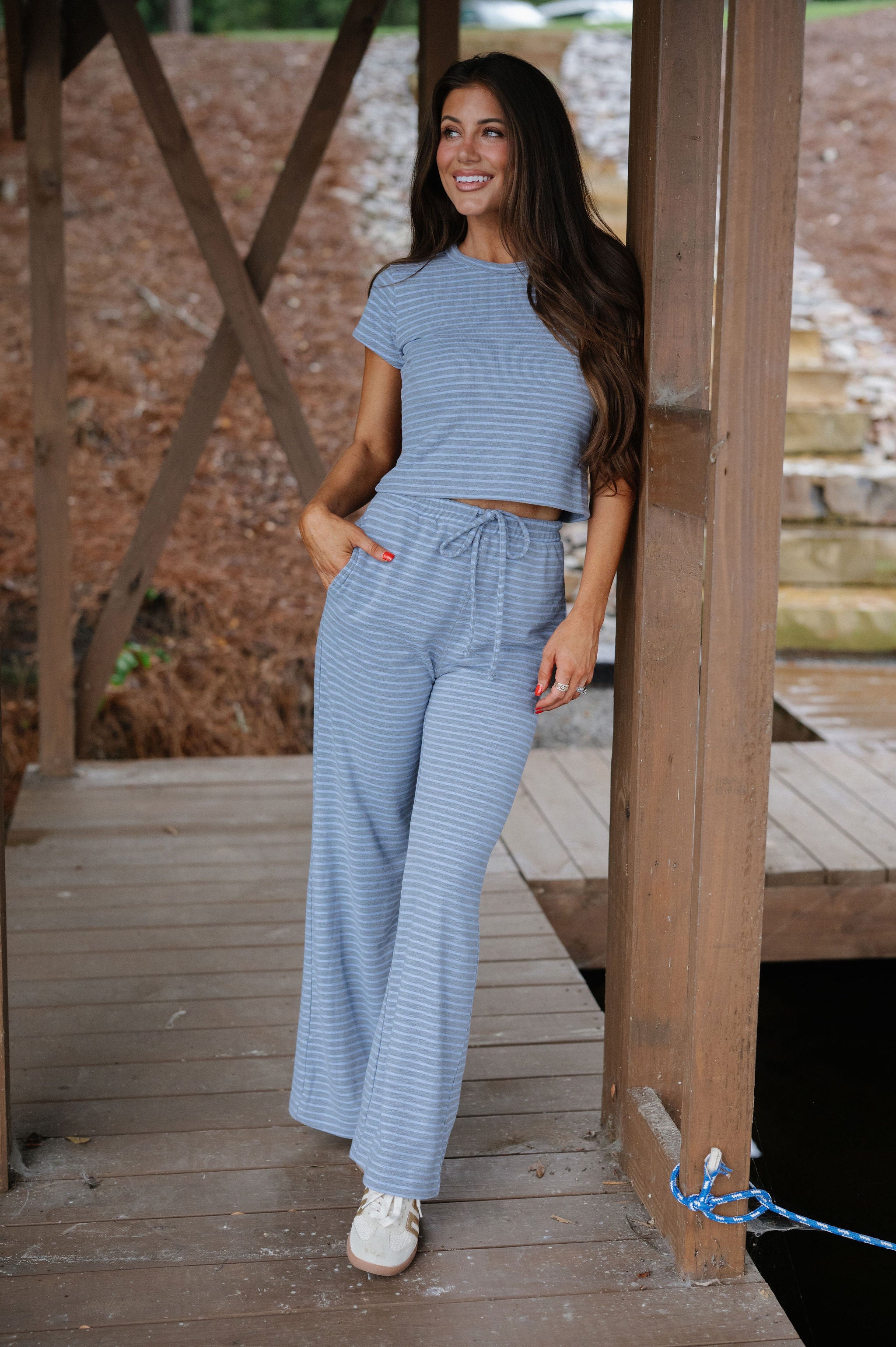 Soft Stripe Pants Set-Grey/Periwinkle