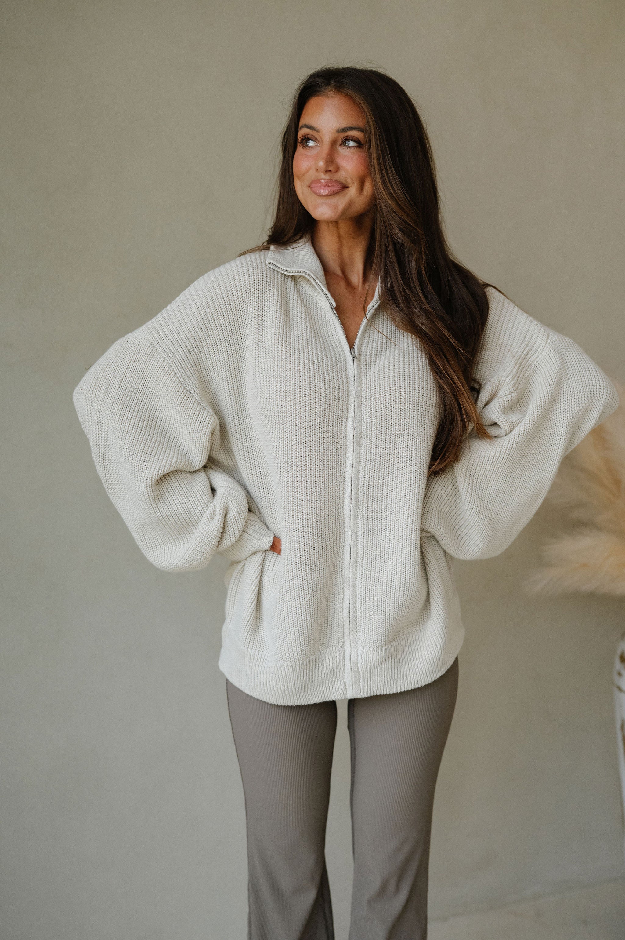 Zip Up Oversized Cardigan-Taupe