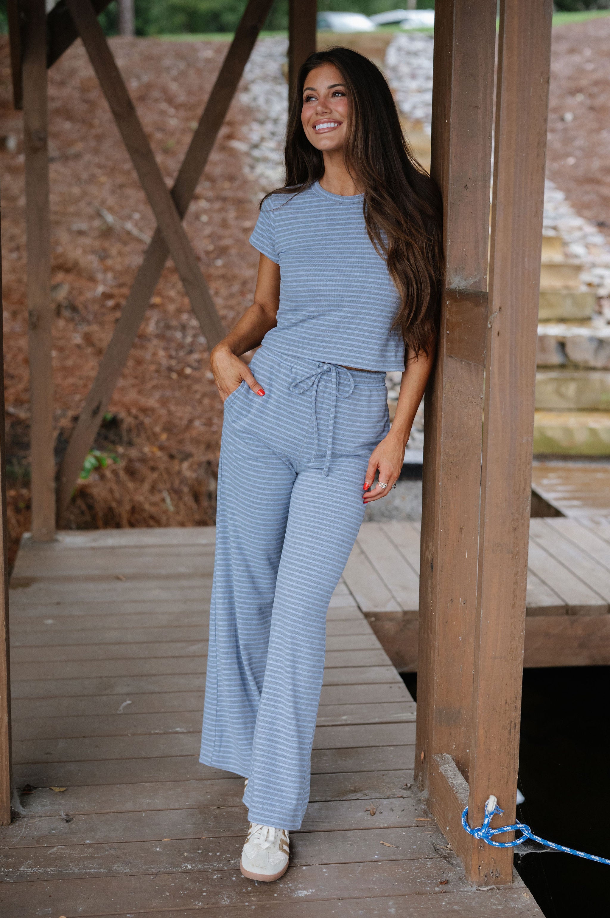 Soft Stripe Pants Set-Grey/Periwinkle