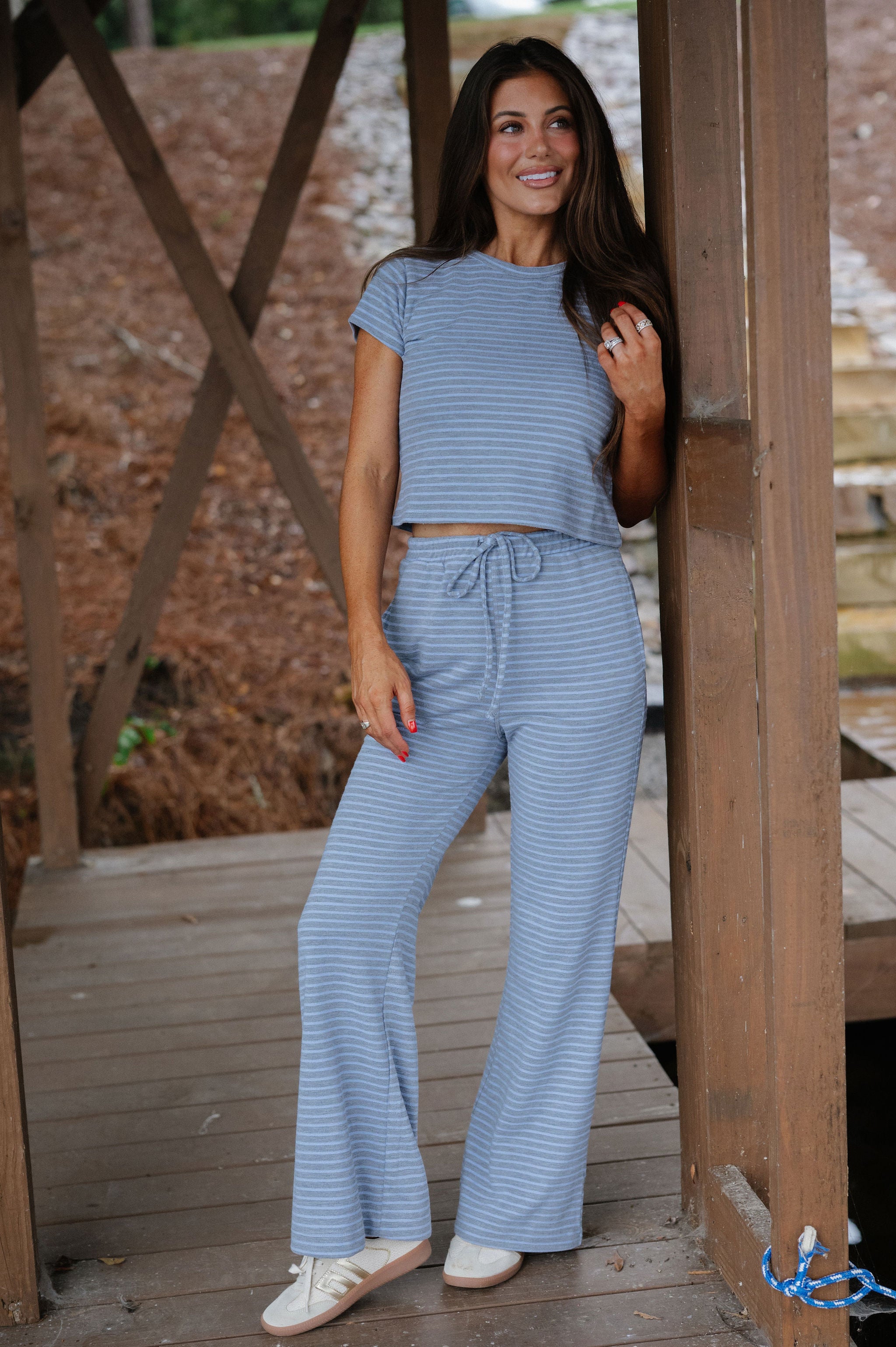 Soft Stripe Pants Set-Grey/Periwinkle
