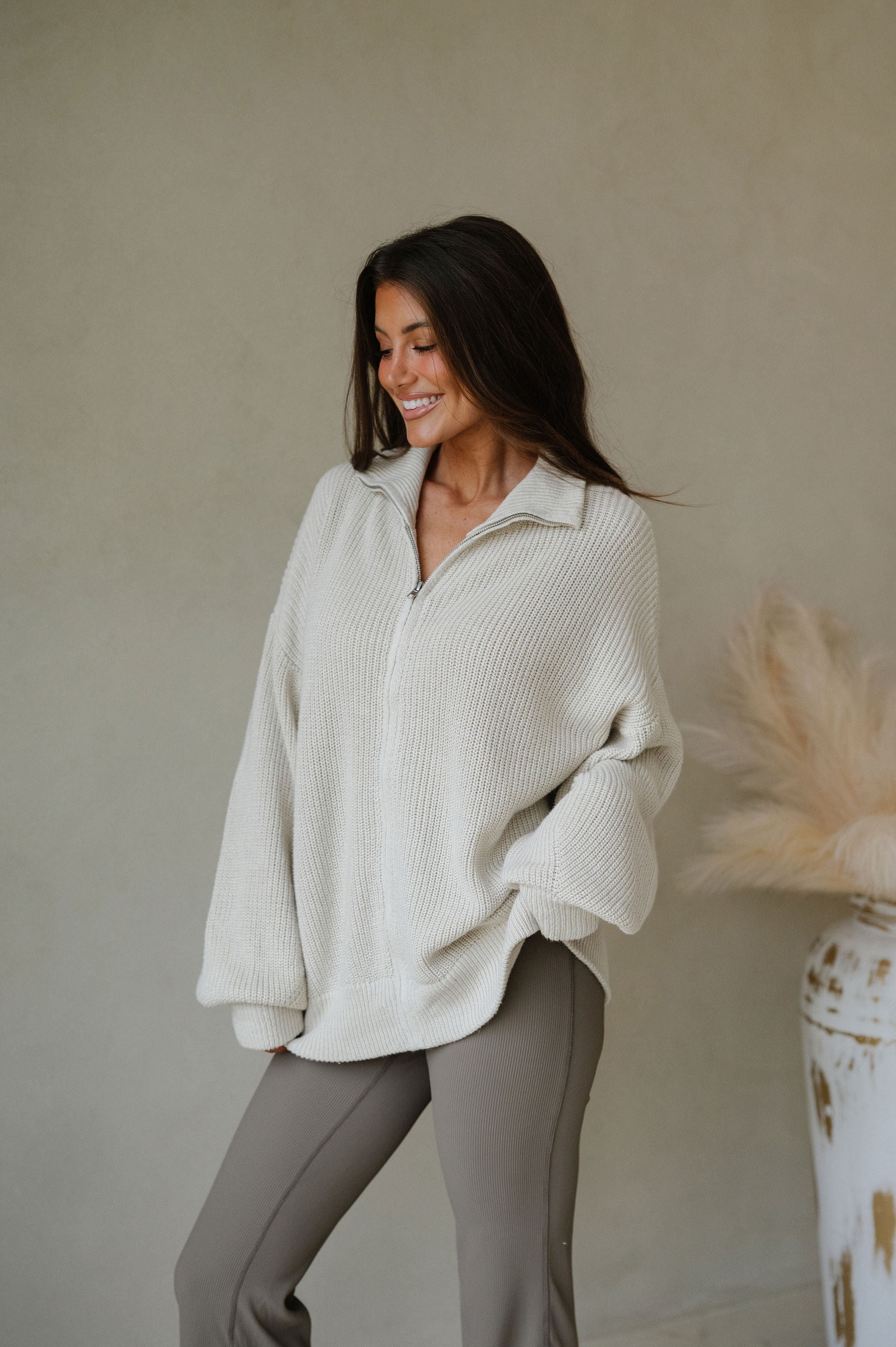 Zip Up Oversized Cardigan-Taupe