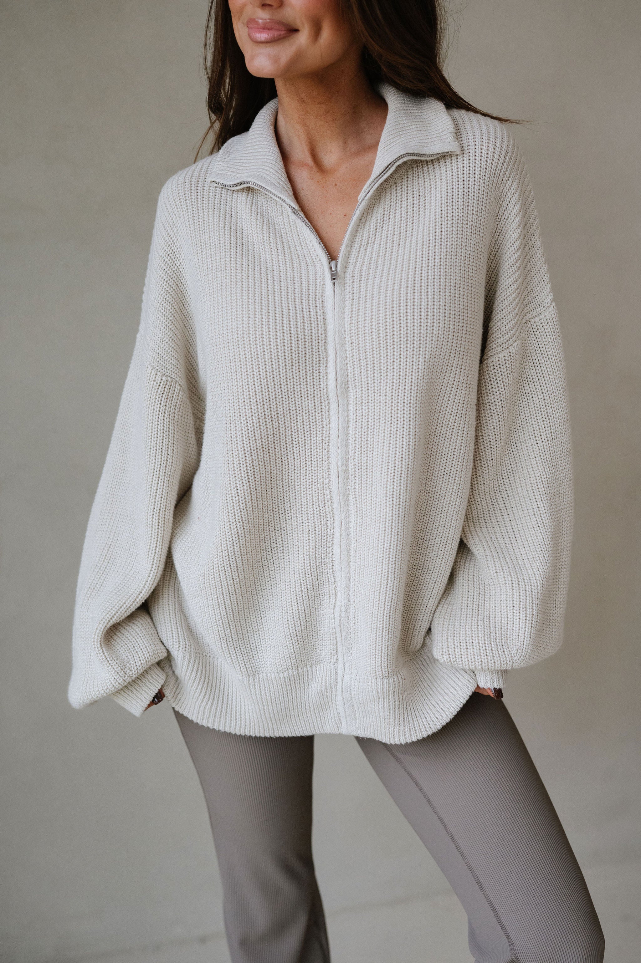 Zip Up Oversized Cardigan-Taupe