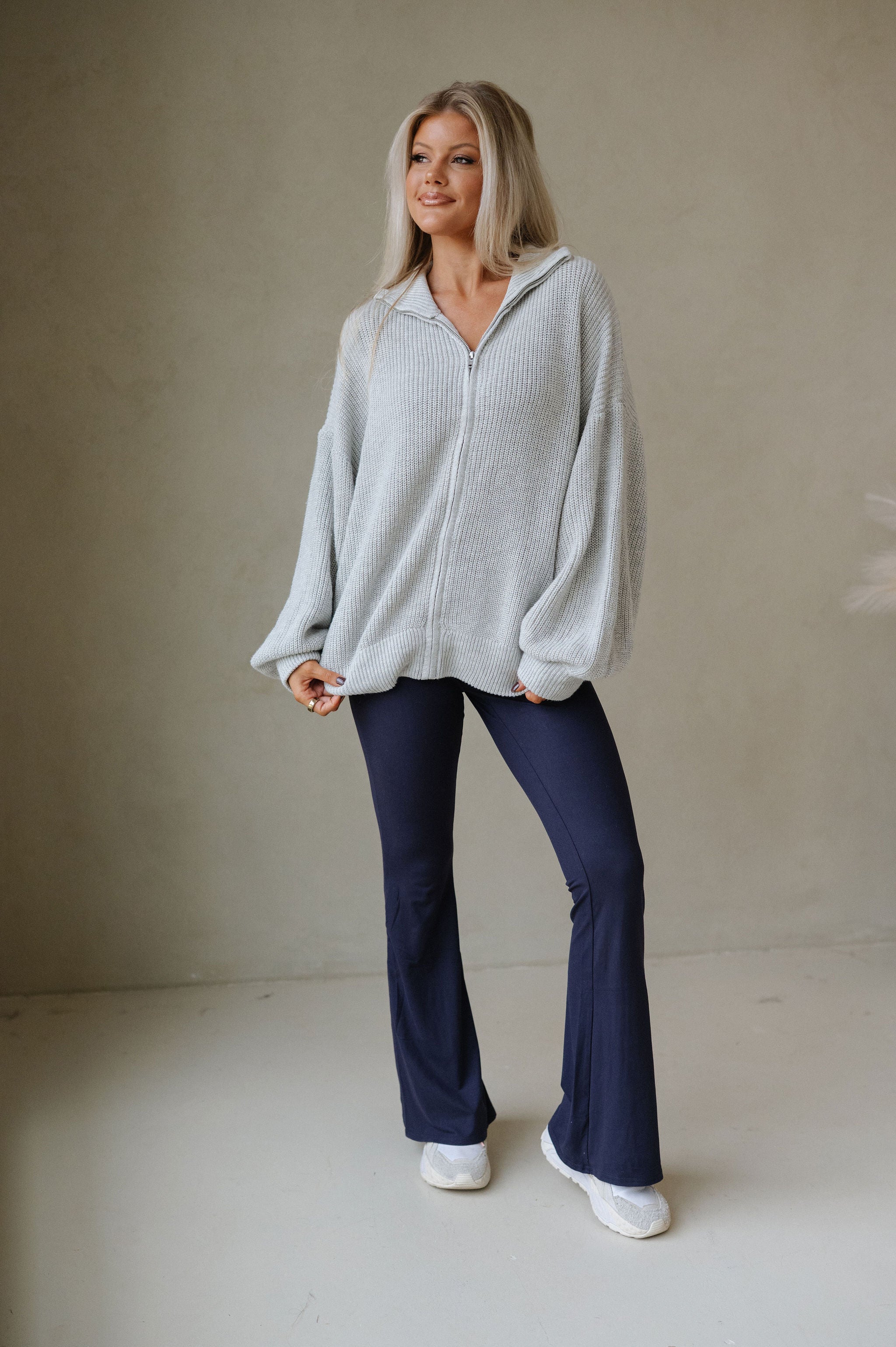 Zip Up Oversized Cardigan-Heather Grey