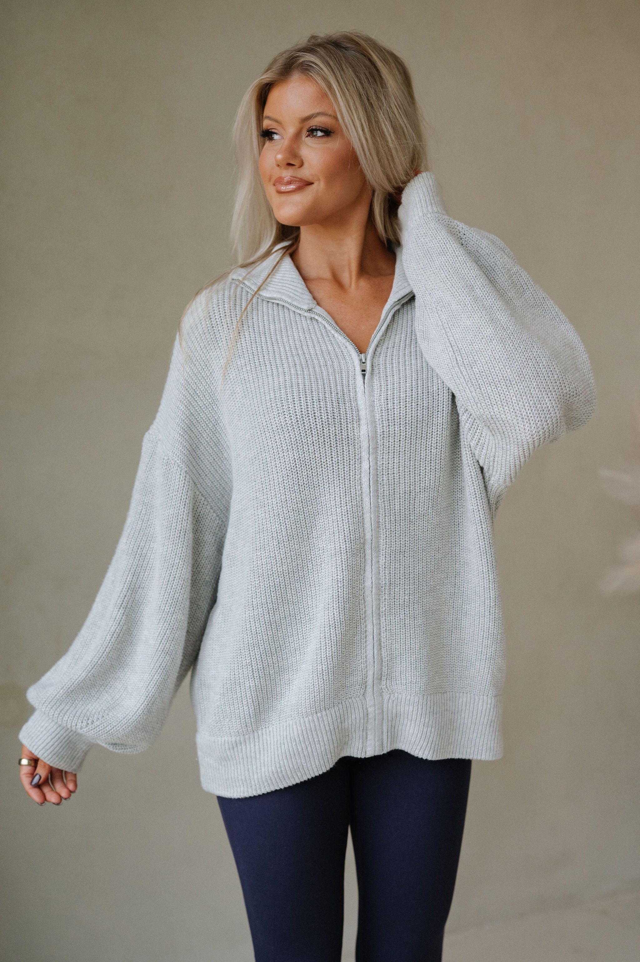 Zip Up Oversized Cardigan-Heather Grey