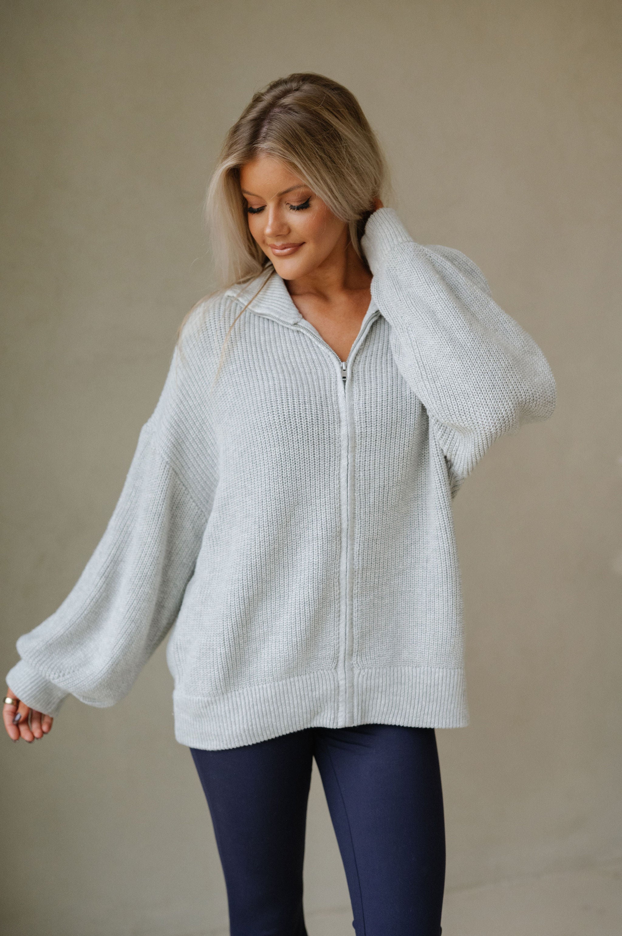 Zip Up Oversized Cardigan-Heather Grey