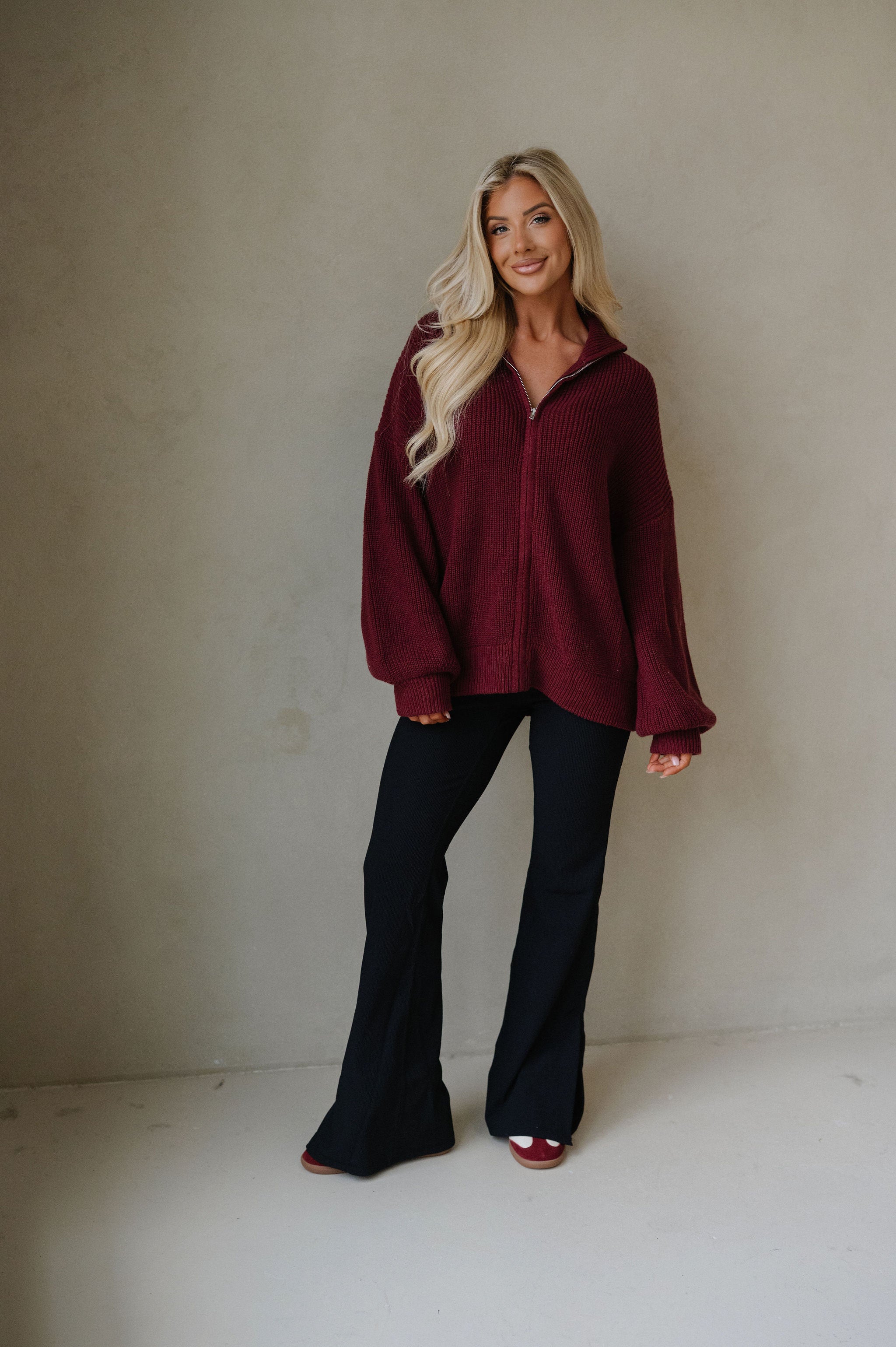 Zip Up Oversized Cardigan-Burgundy