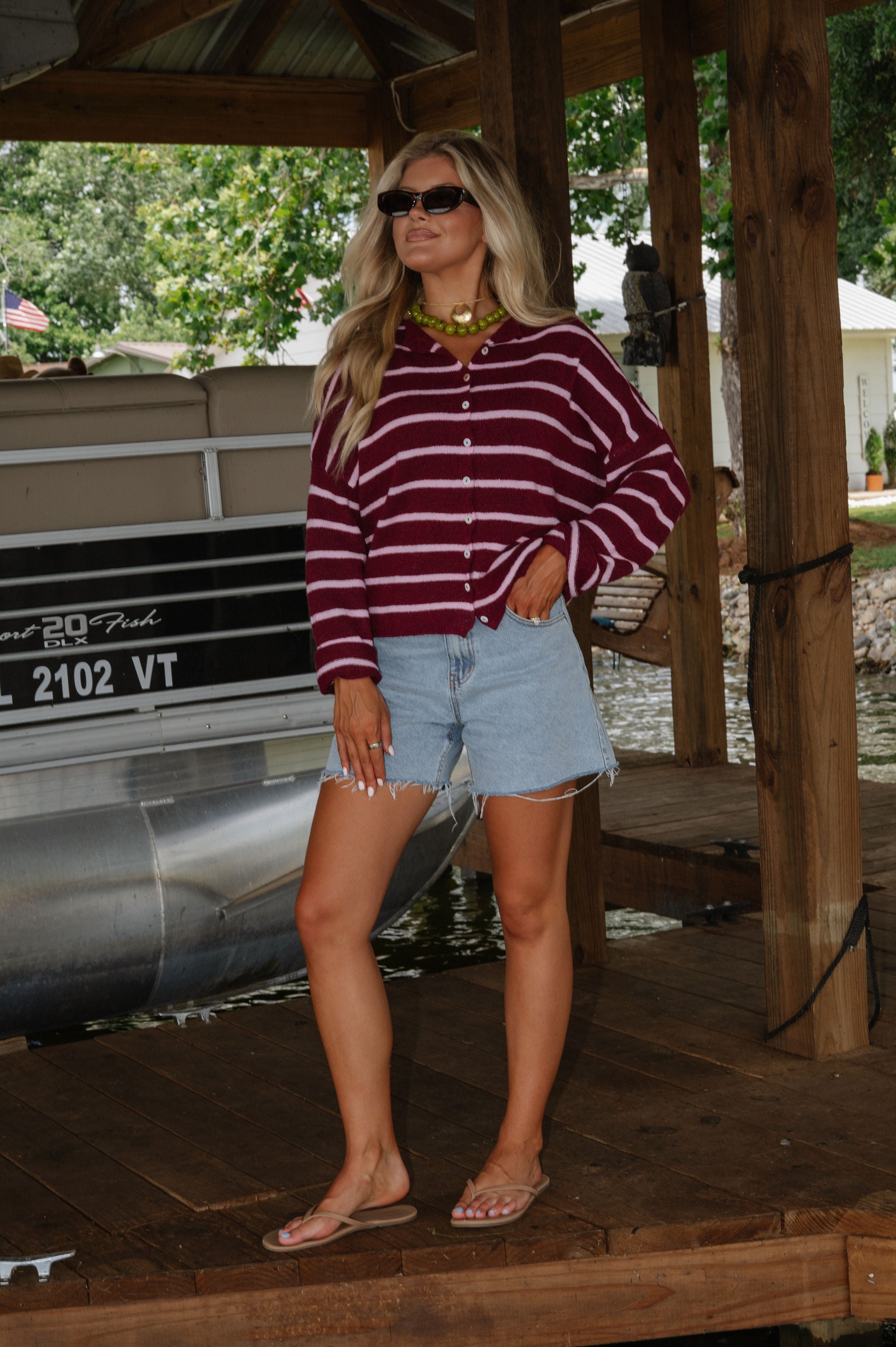 Cabana Striped Cardigan-Wine/Pink