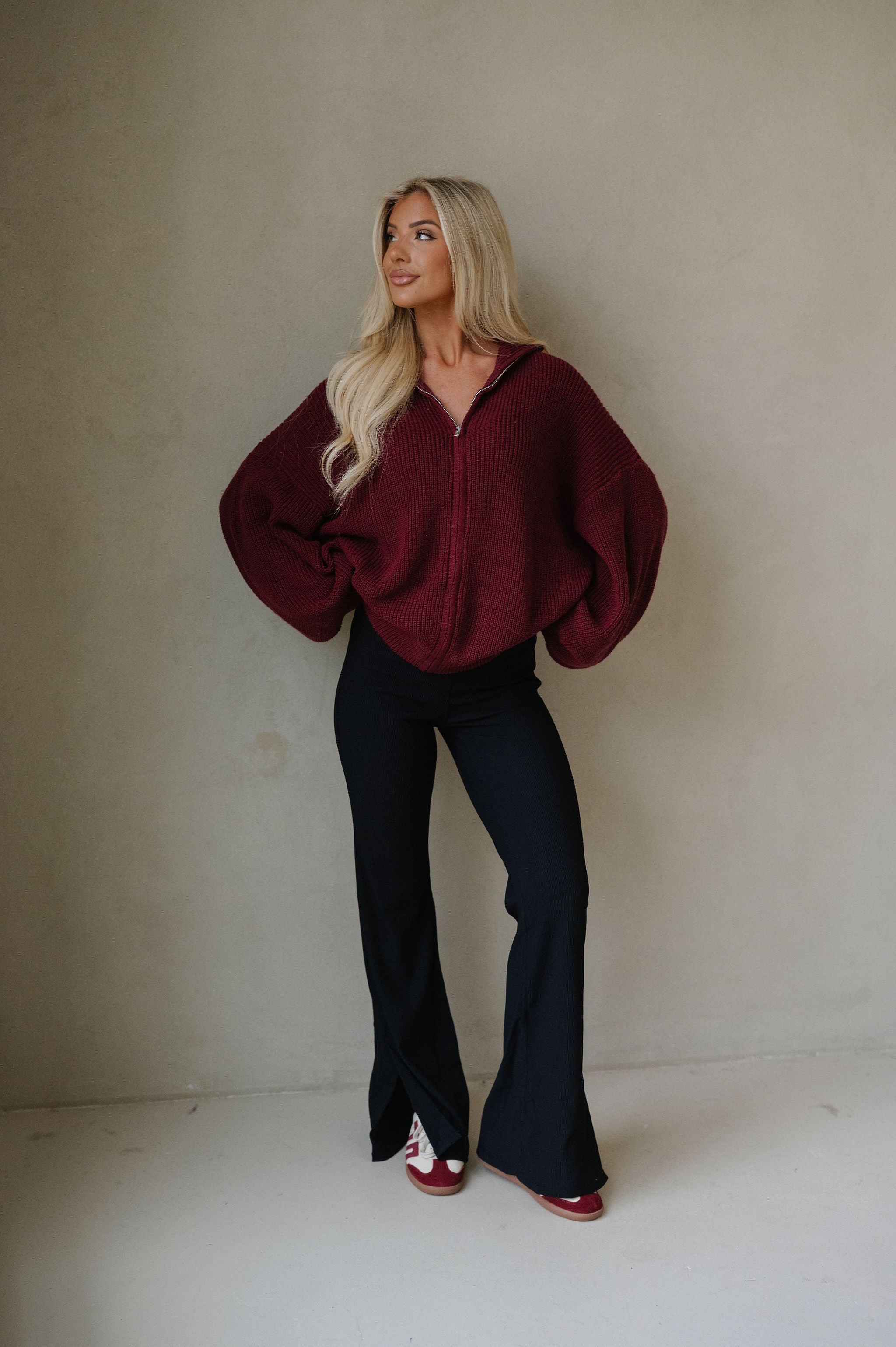 Zip Up Oversized Cardigan-Burgundy