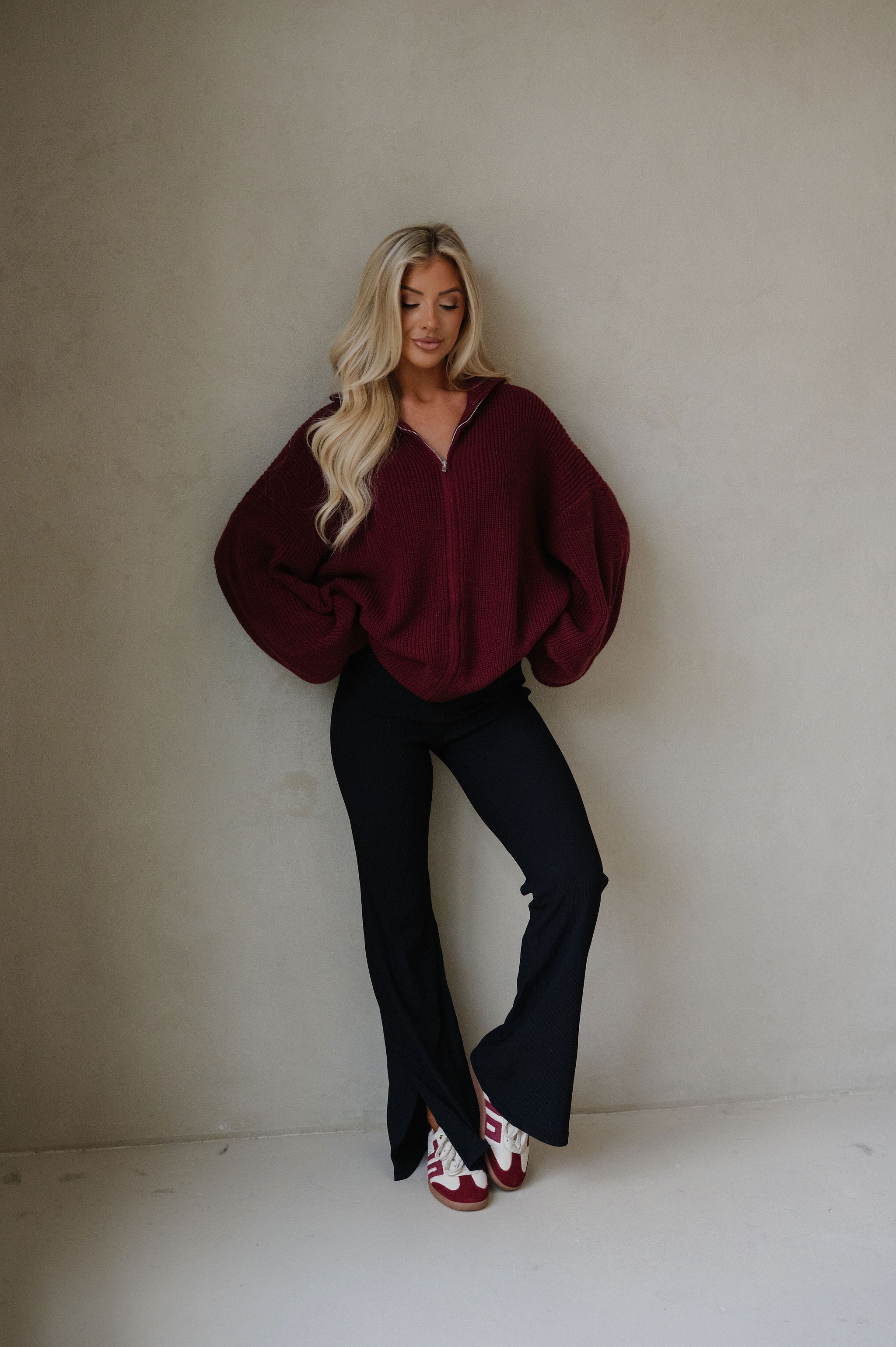 Zip Up Oversized Cardigan-Burgundy