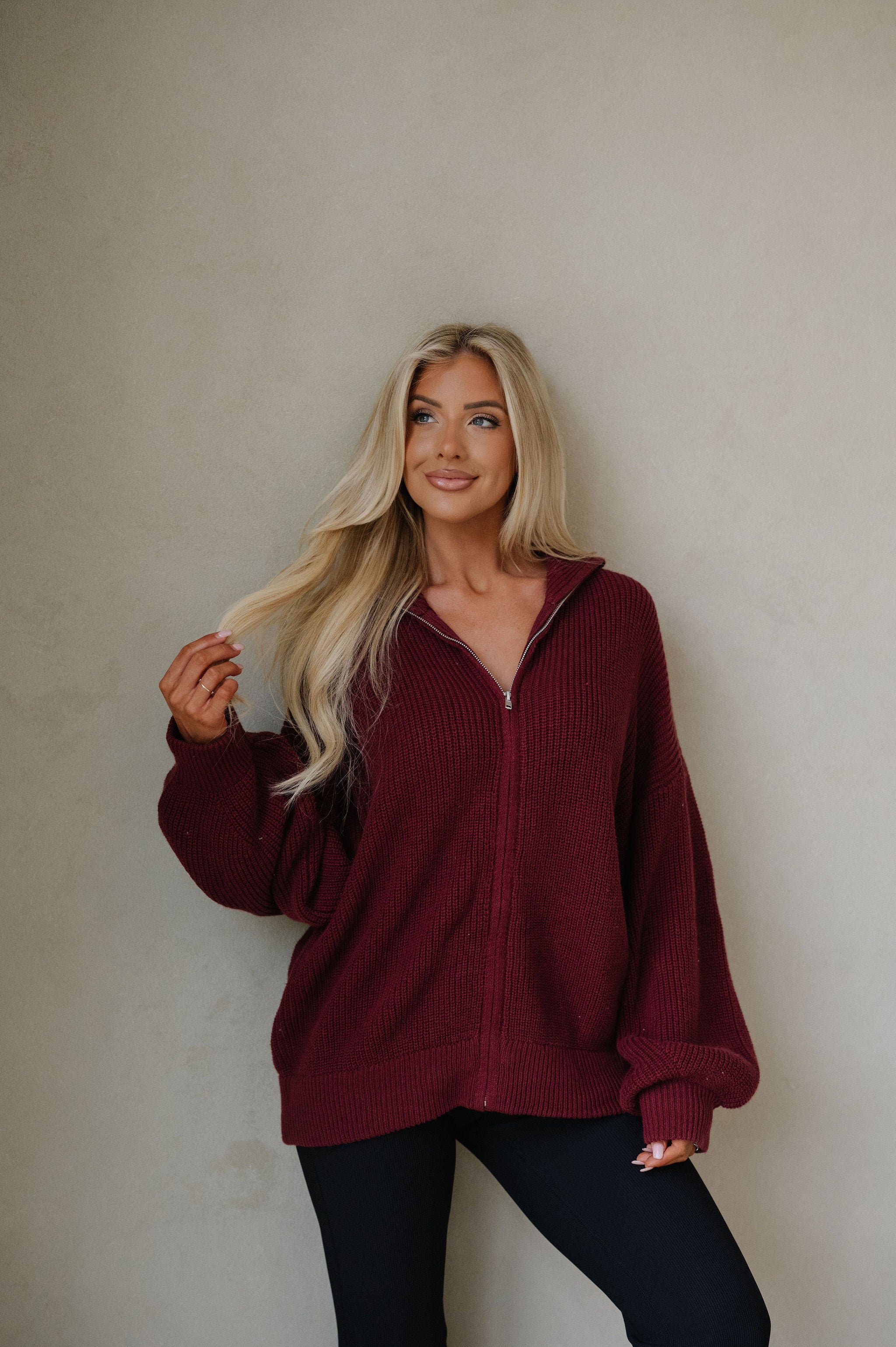 Zip Up Oversized Cardigan-Burgundy