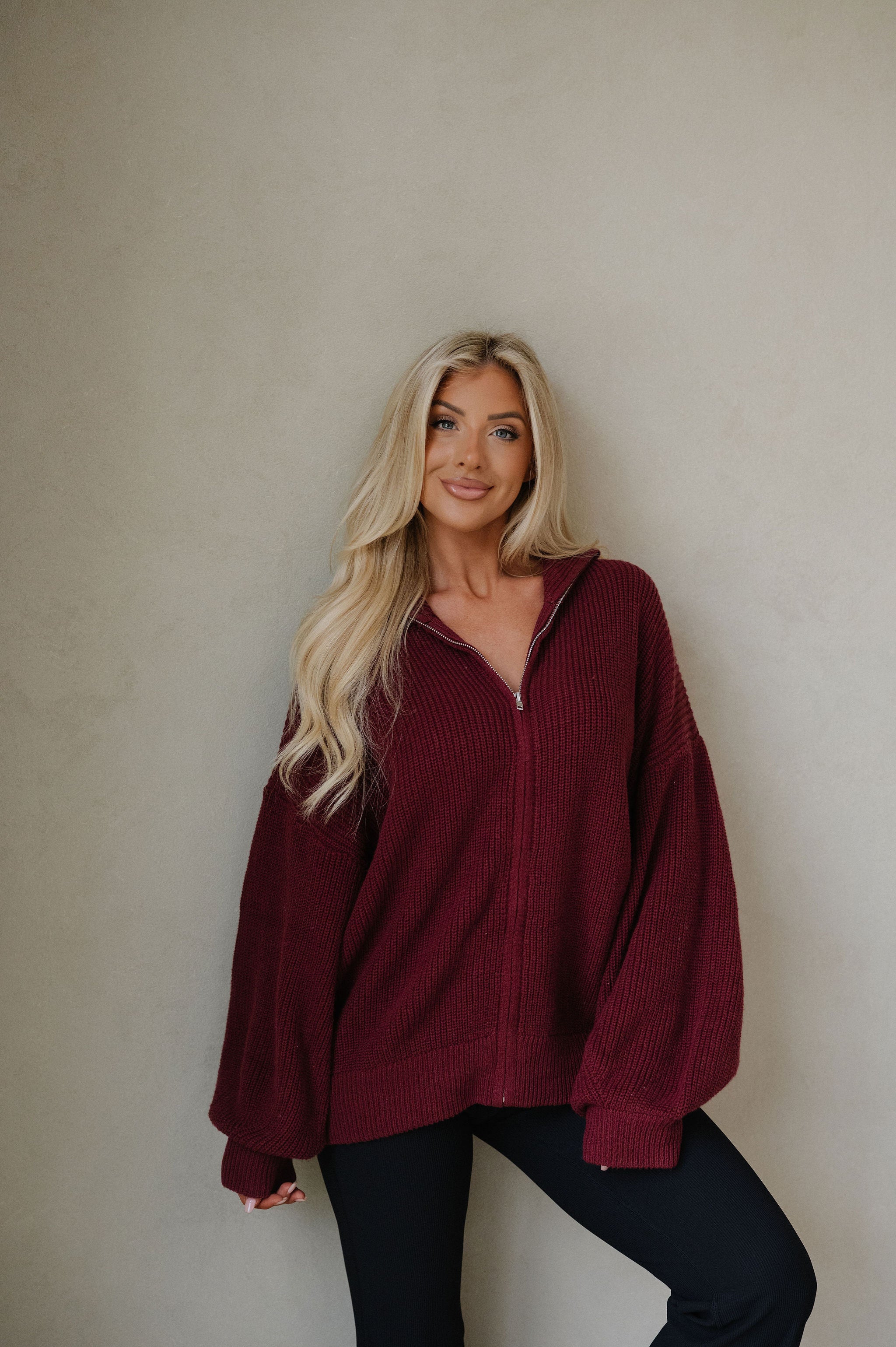 Zip Up Oversized Cardigan-Burgundy