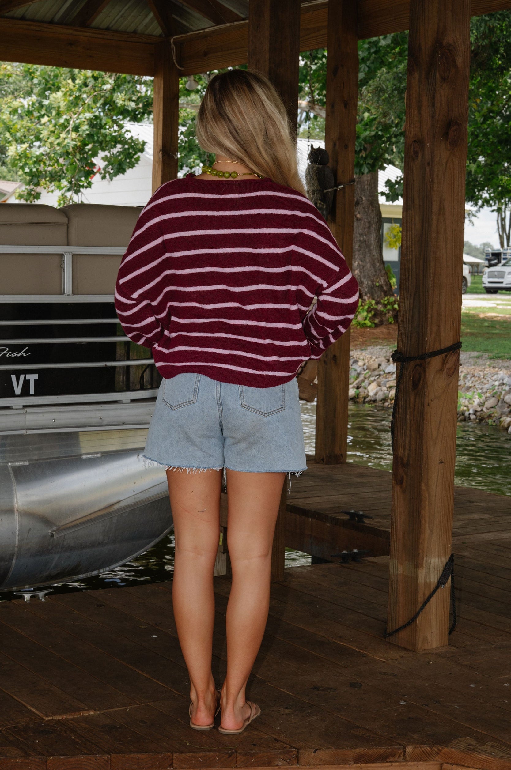 Cabana Striped Cardigan-Wine/Pink