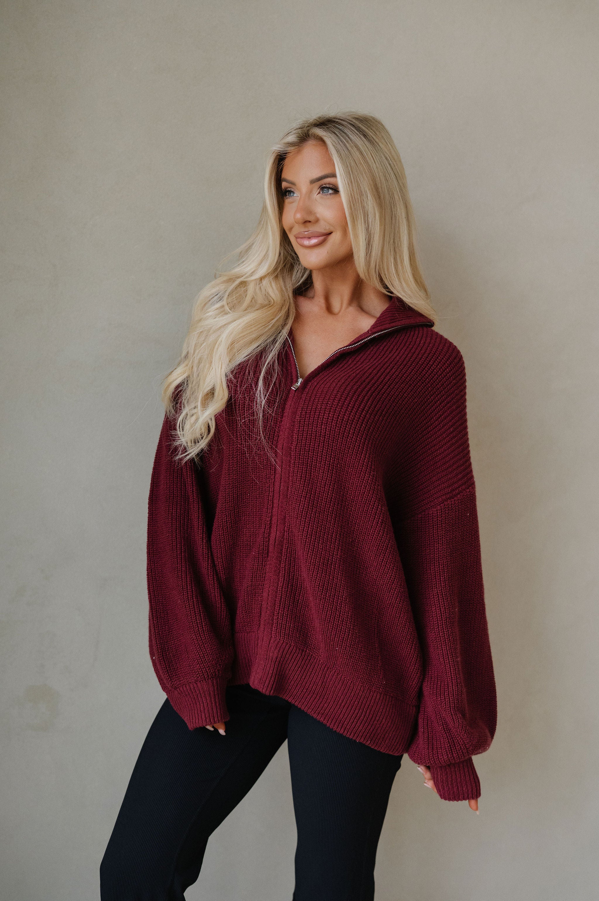 Zip Up Oversized Cardigan-Burgundy