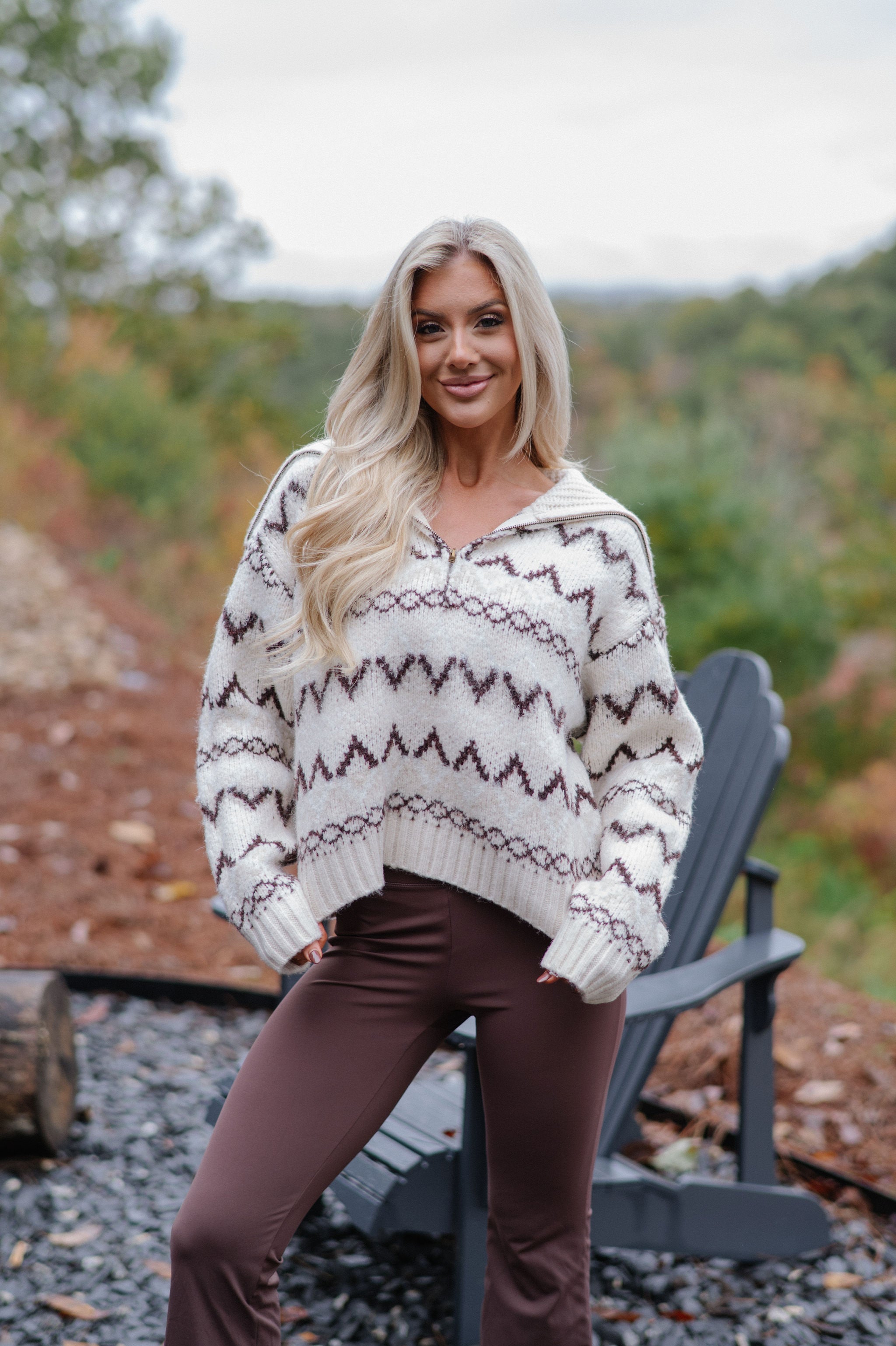 Dallas Half Zip Pullover-Cream/Brown