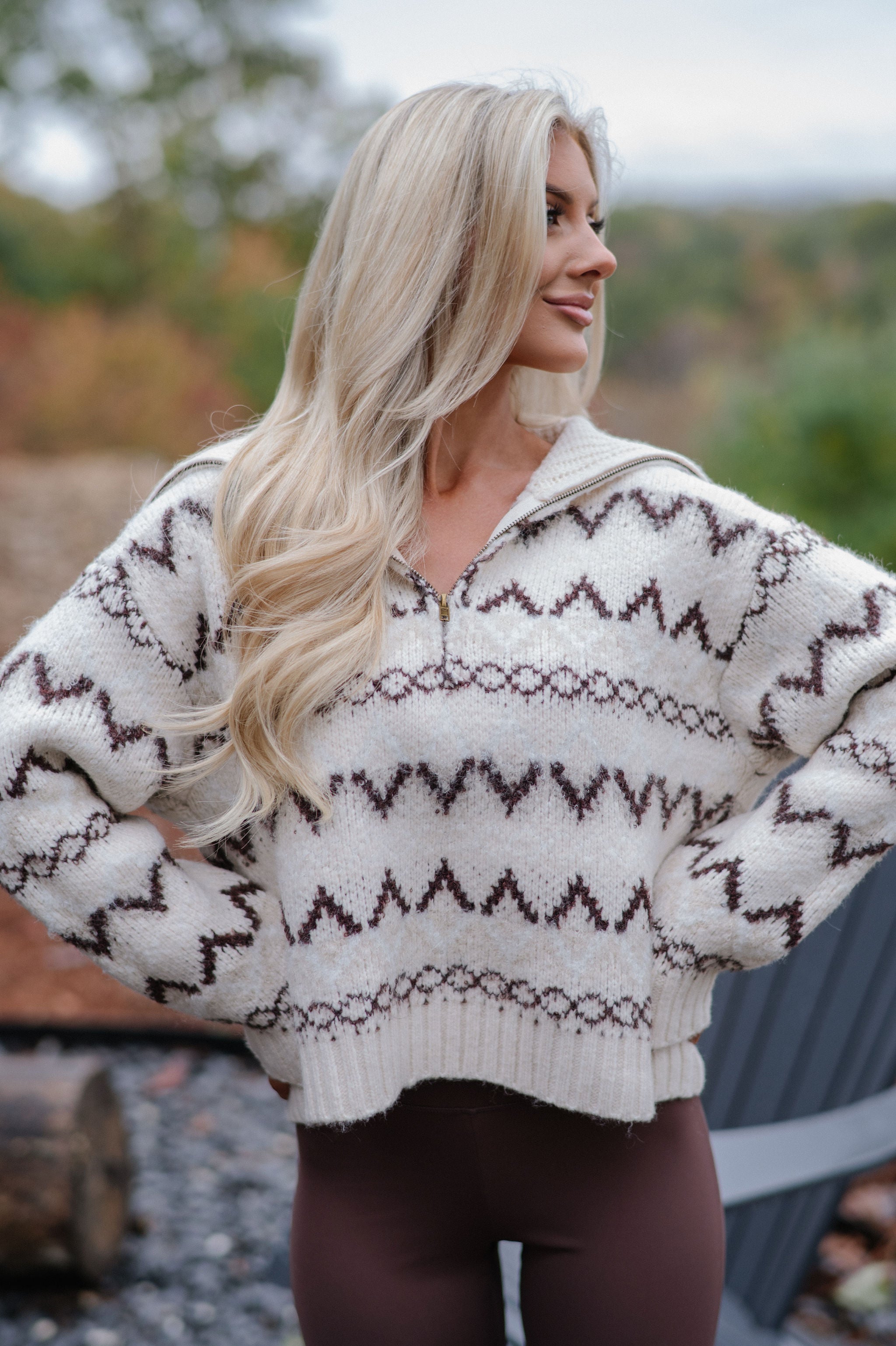 Dallas Half Zip Pullover-Cream/Brown