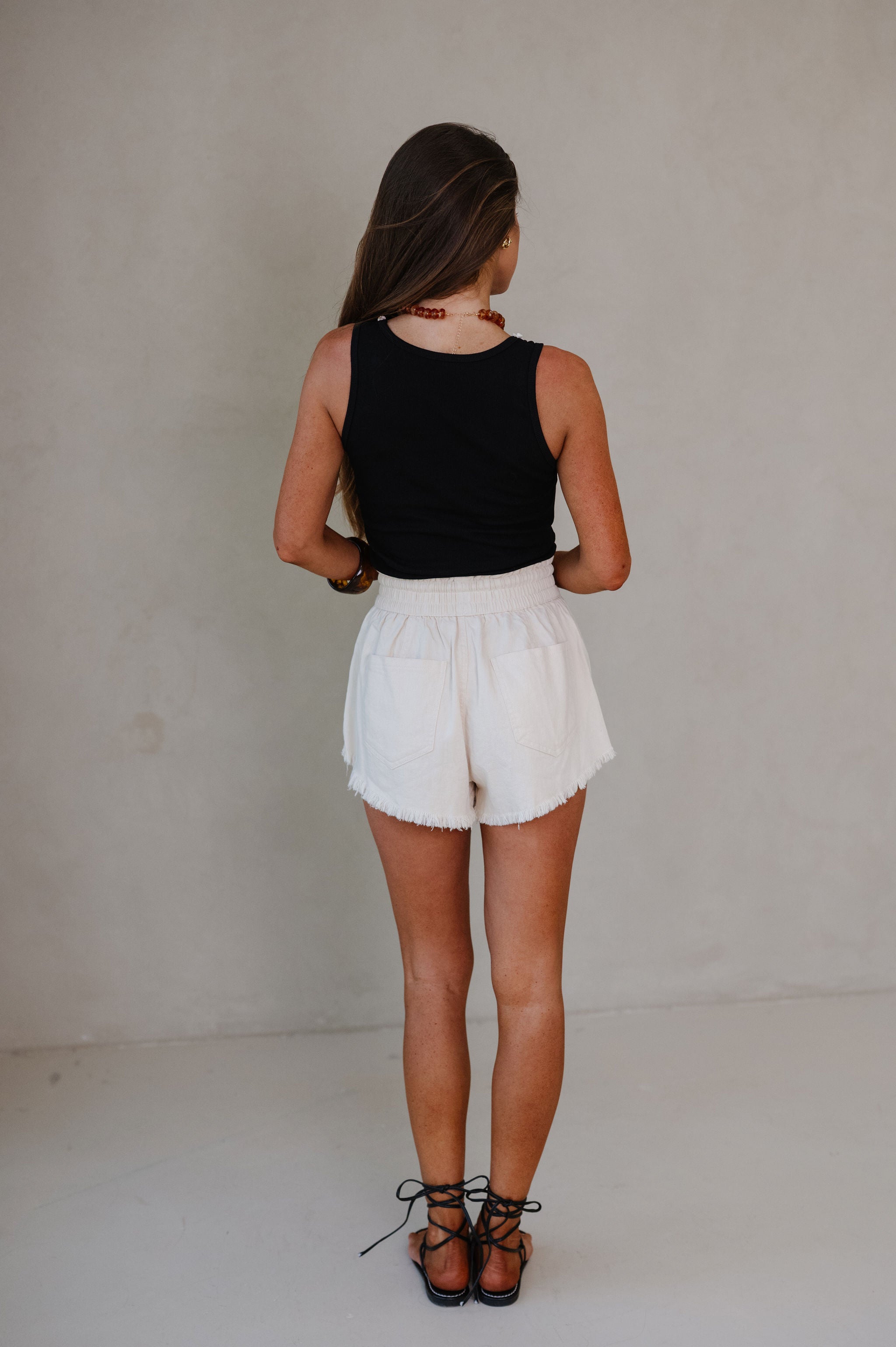 Frayed-Hem High Waist Shorts-Natural