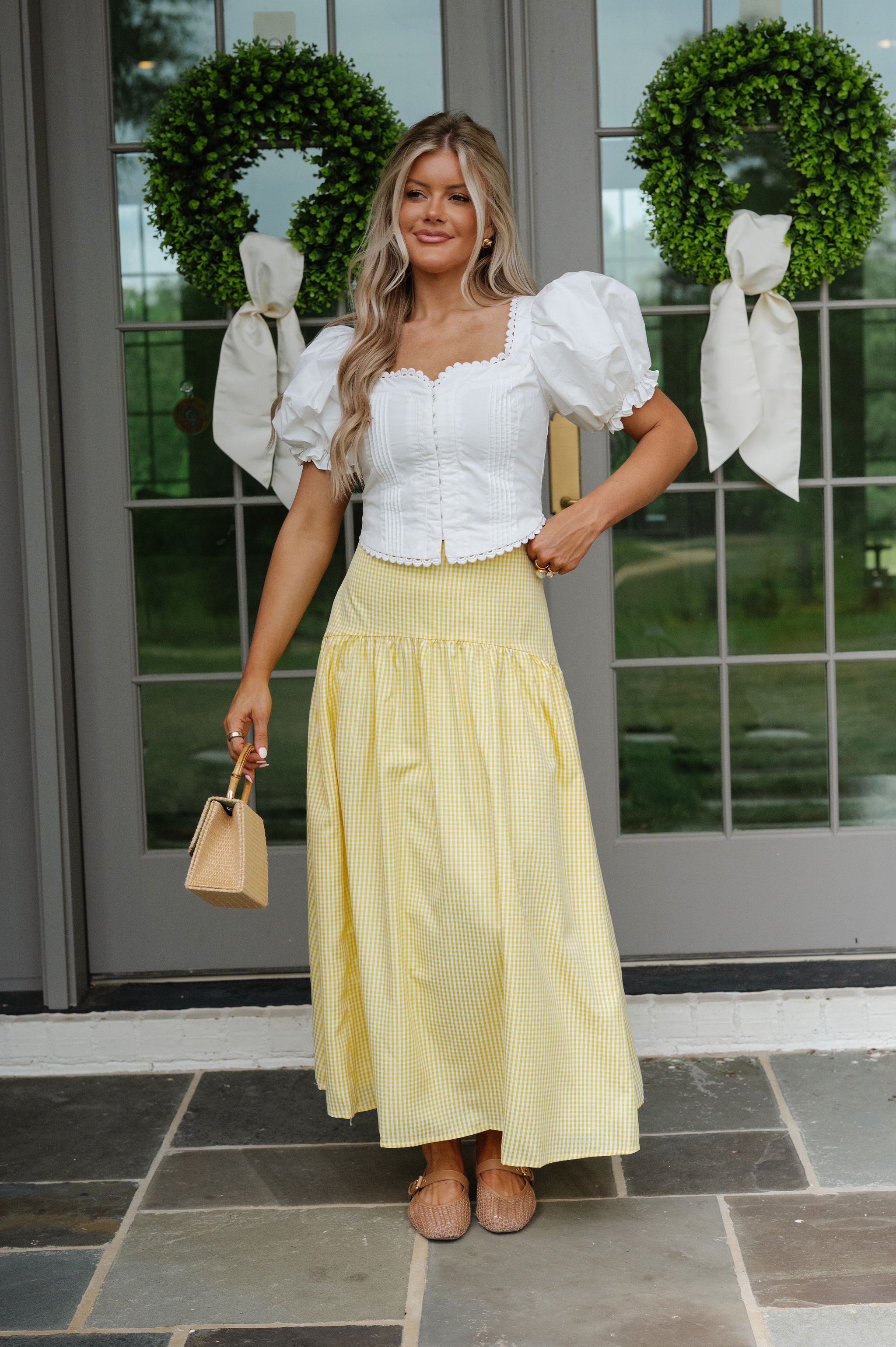 Stevie Gingham Maxi Skirt-Lemon/White